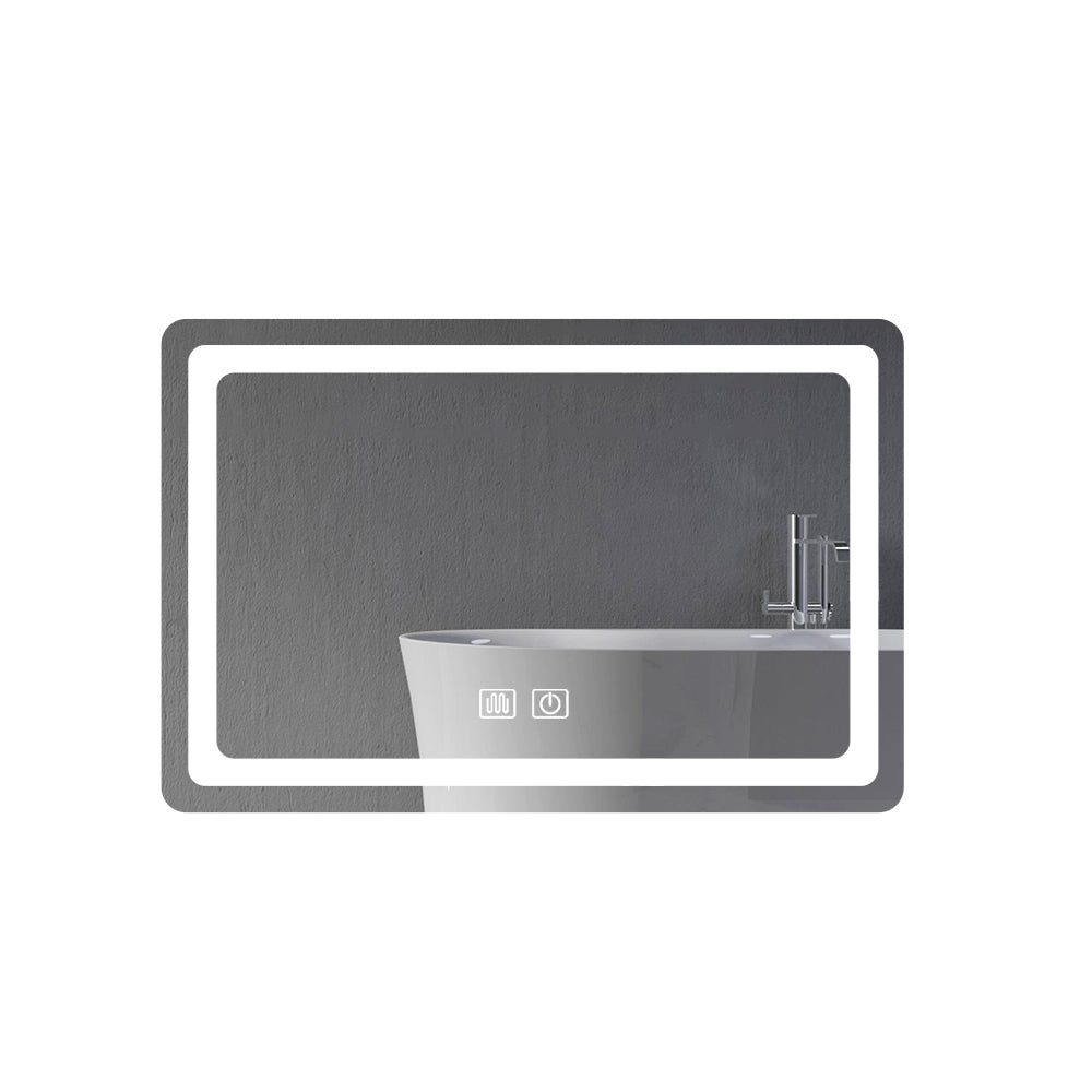 Rectangular LED bathroom mirror with touch controls and illuminated border