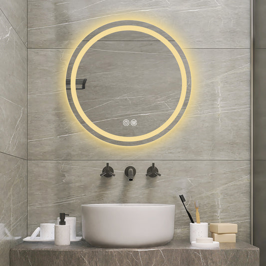 Modern round bathroom mirror with warm LED halo lighting and touch controls