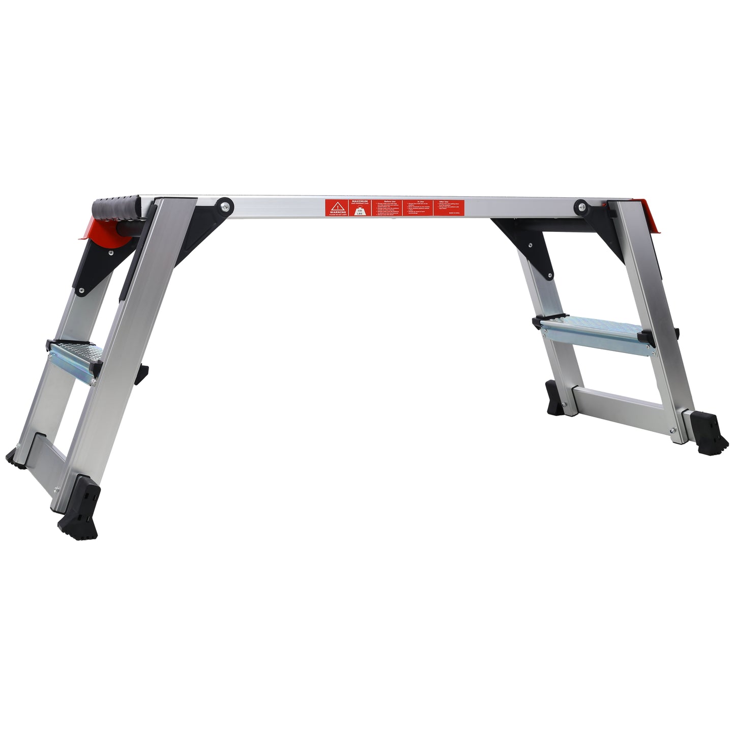 Silver foldable platform step stool with red accents and textured treads for secure footing