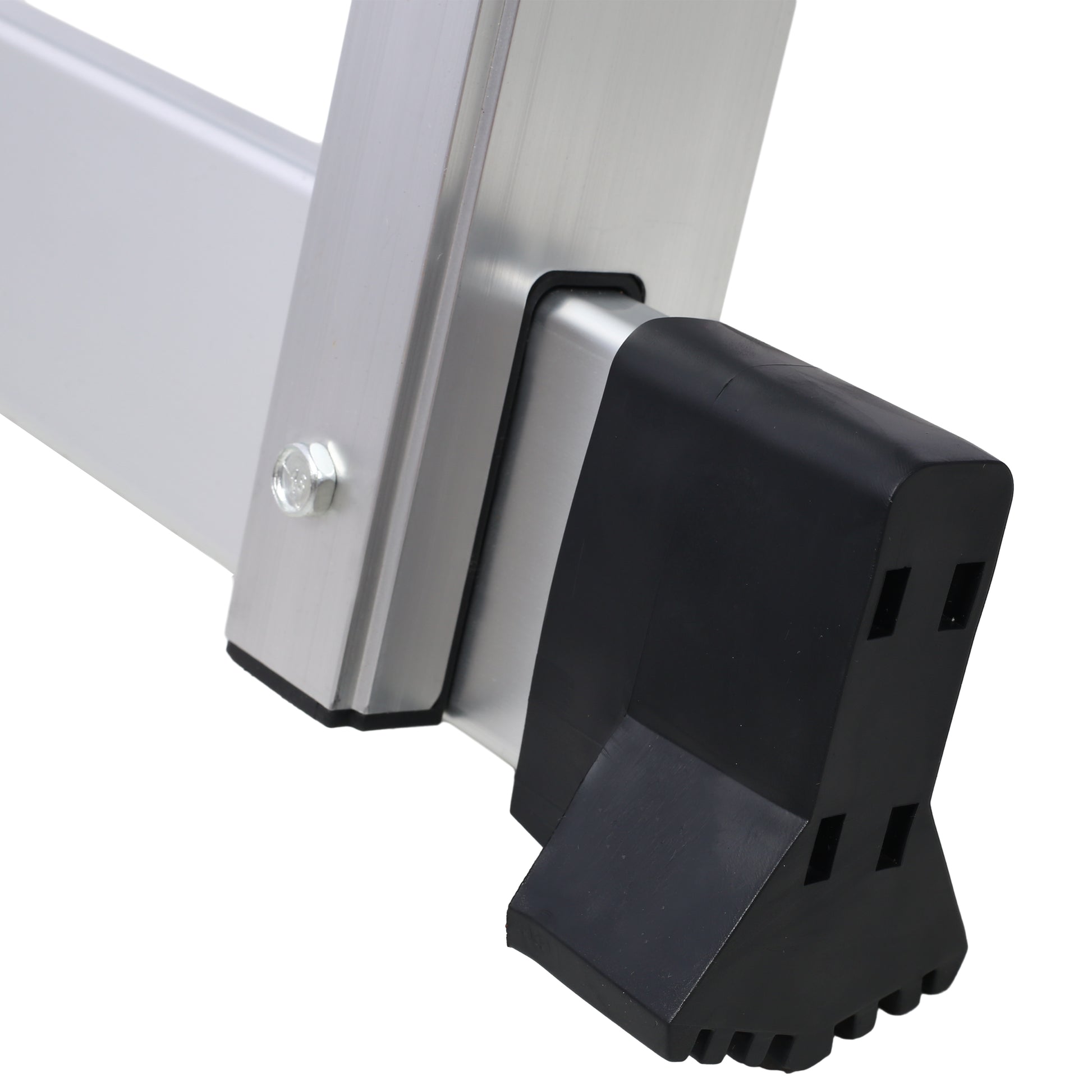 Closeup of aluminum ladder leg with textured black rubber foot for stability