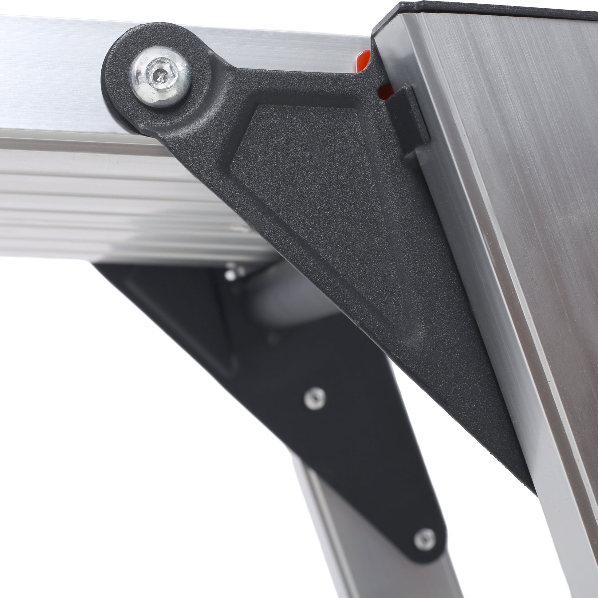 Closeup of heavyduty black plastic hinge with silver bolt on aluminum step stool