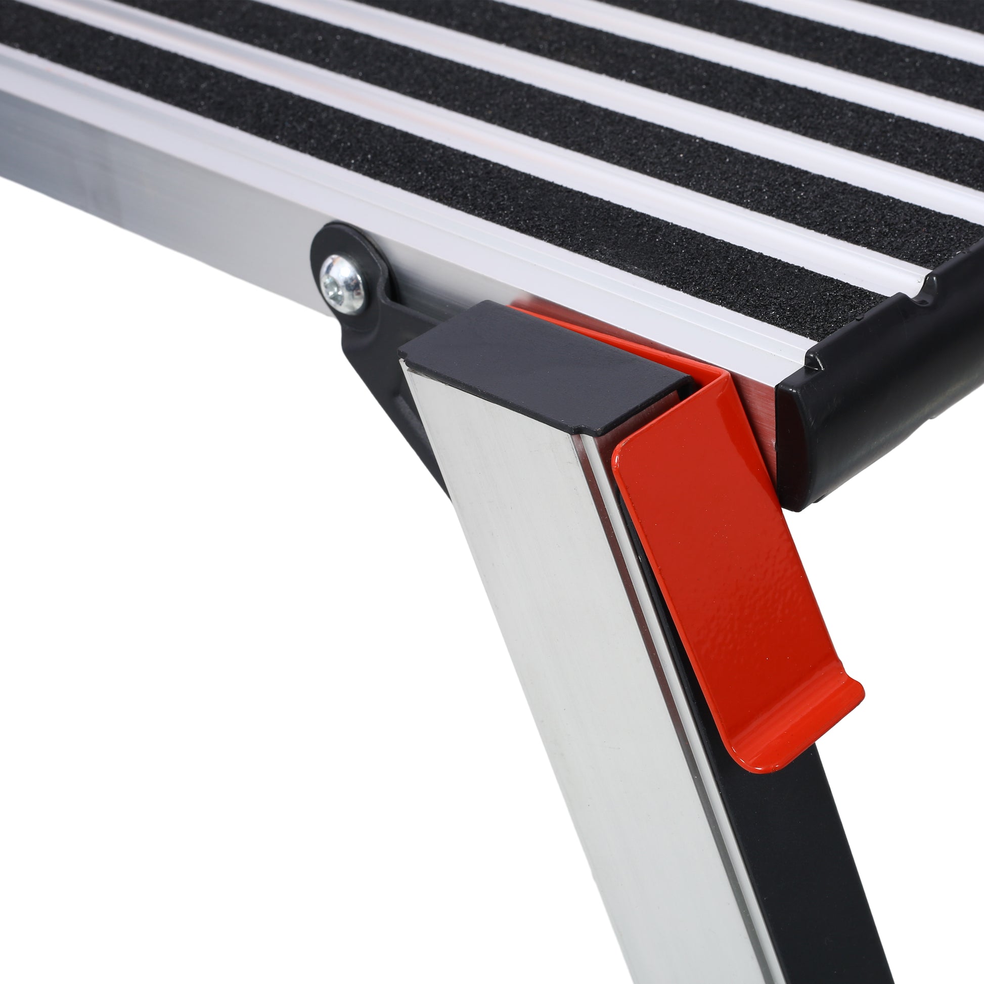 Closeup of an aluminum stepladder with textured black grip strips and a red locking mechanism