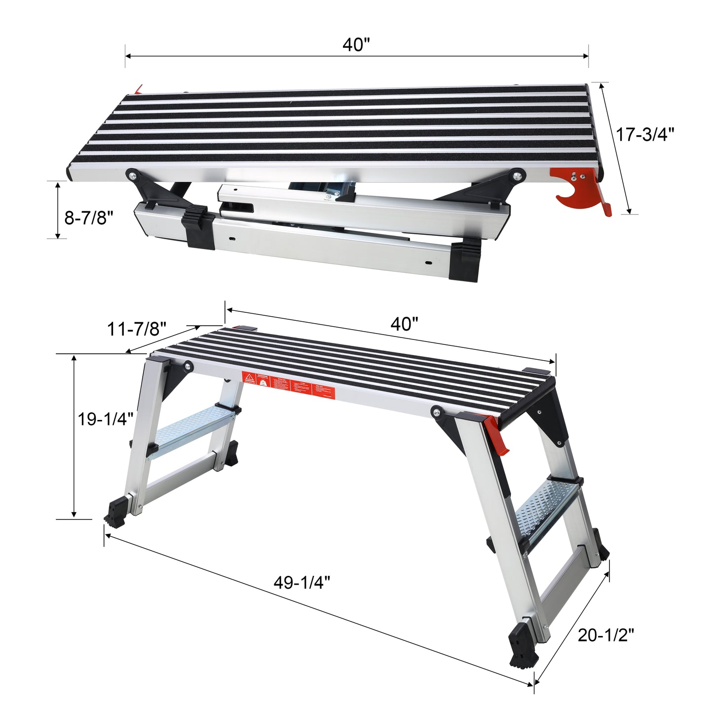 Compact inch folding work platform with nonslip surface and red safety latches