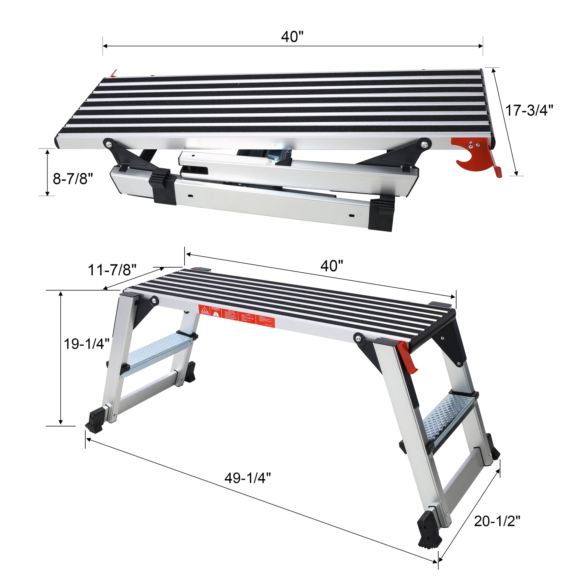 Compact inch folding work platform with nonslip surface and red safety latches
