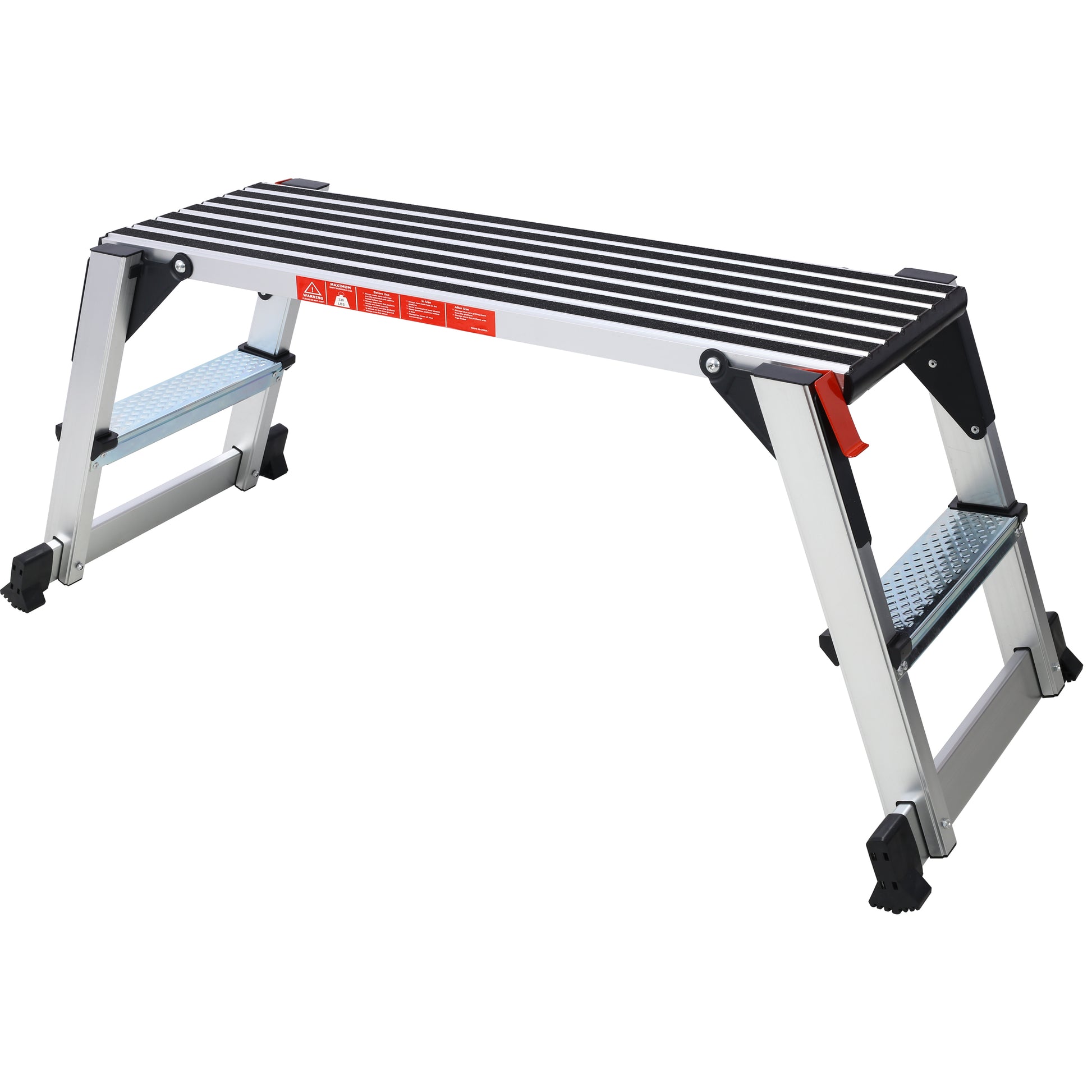 Silver aluminum work platform with black antislip steps for safe home use