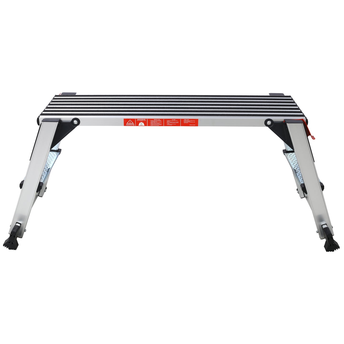 Silver aluminum step stool with black nonslip treads and wide platform for stability