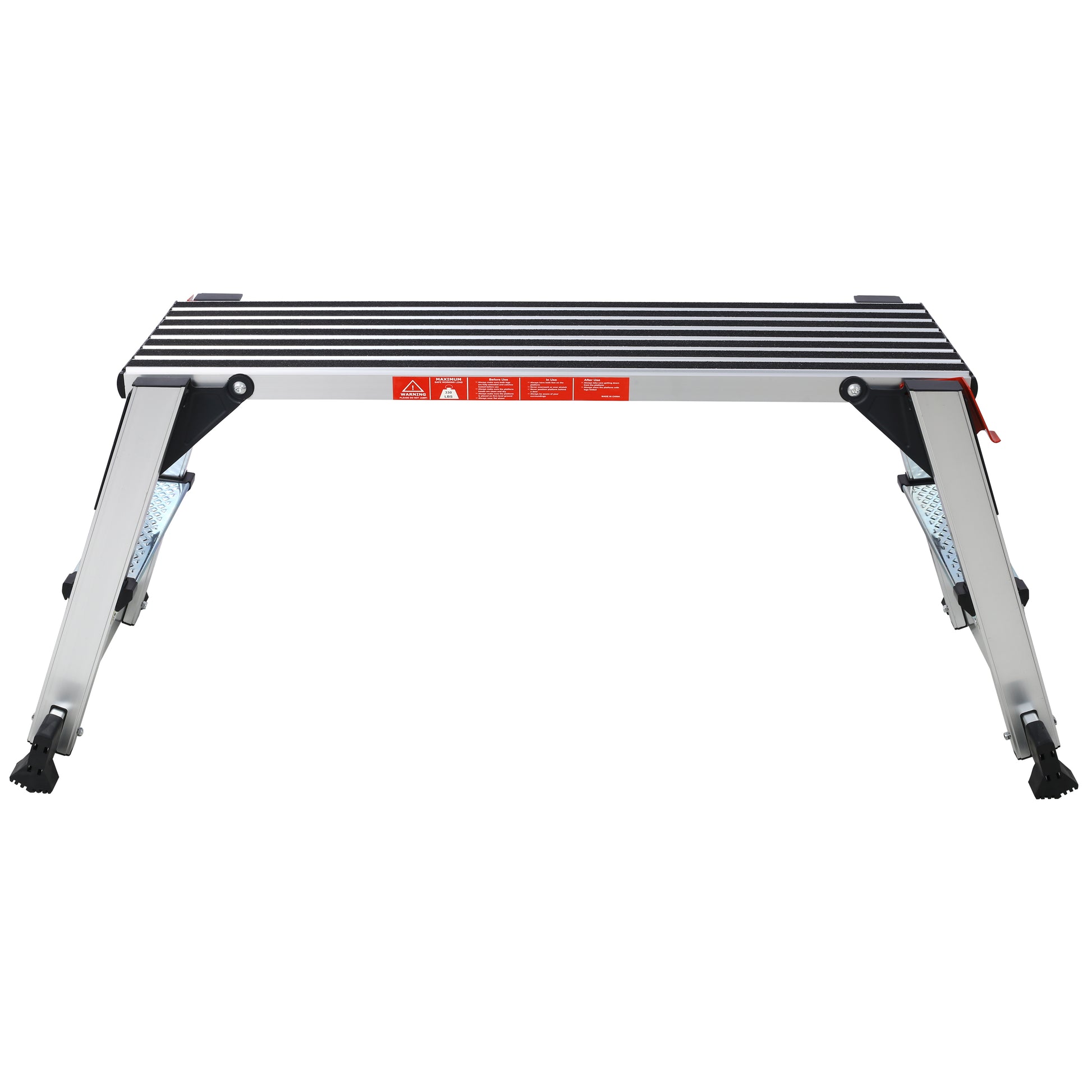 Silver aluminum step stool with black nonslip treads and wide platform for stability