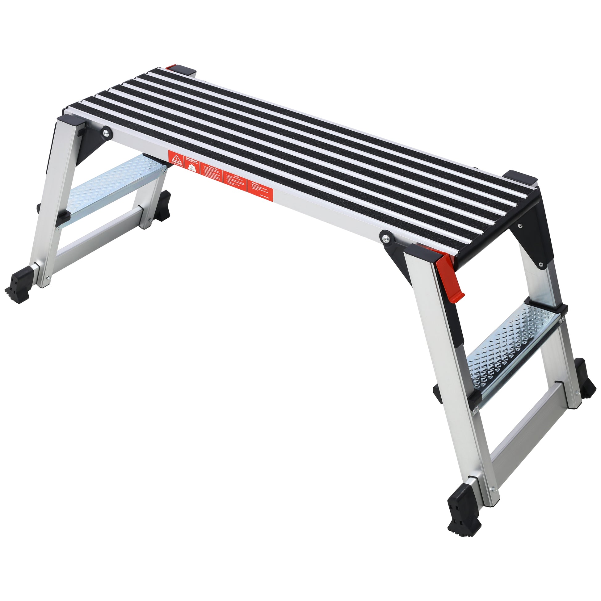 Silver aluminum work platform with black nonslip stripes for enhanced grip