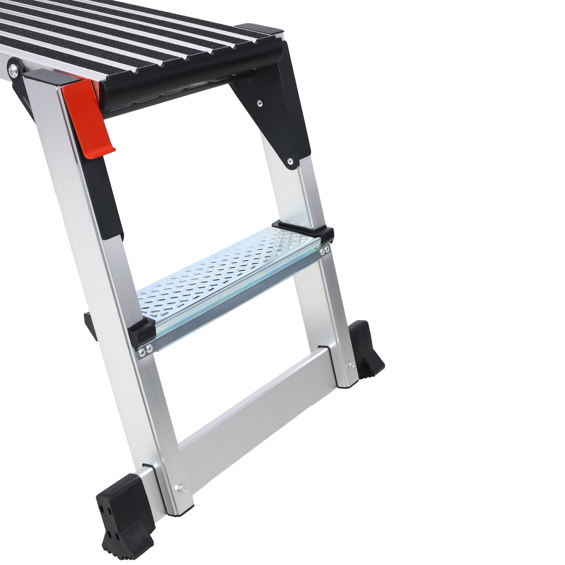 Silver aluminum step stool with nonslip treads and red safety latch
