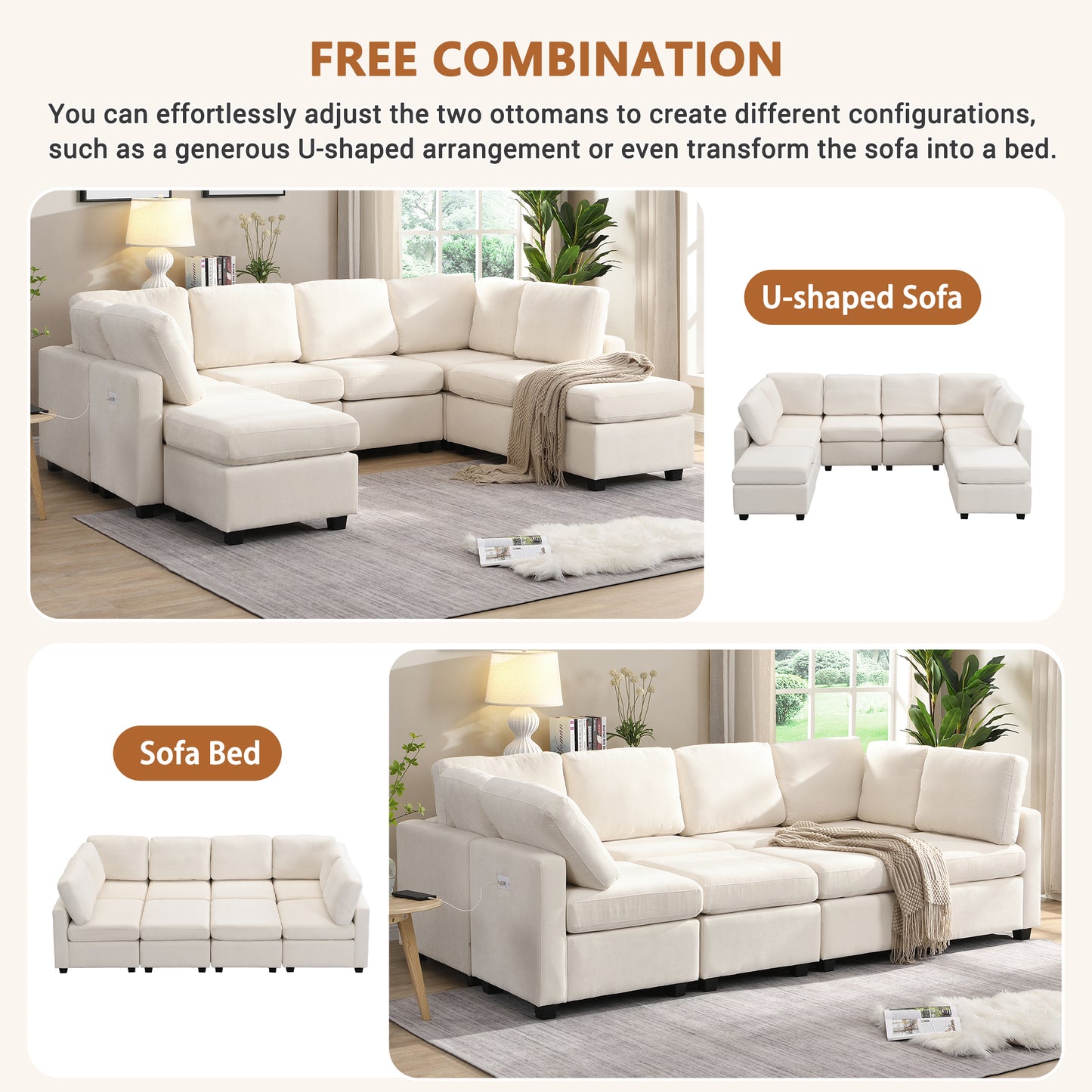 Cream sectional sofa with modular Ushaped configuration plush cushions and hidden storage compartments