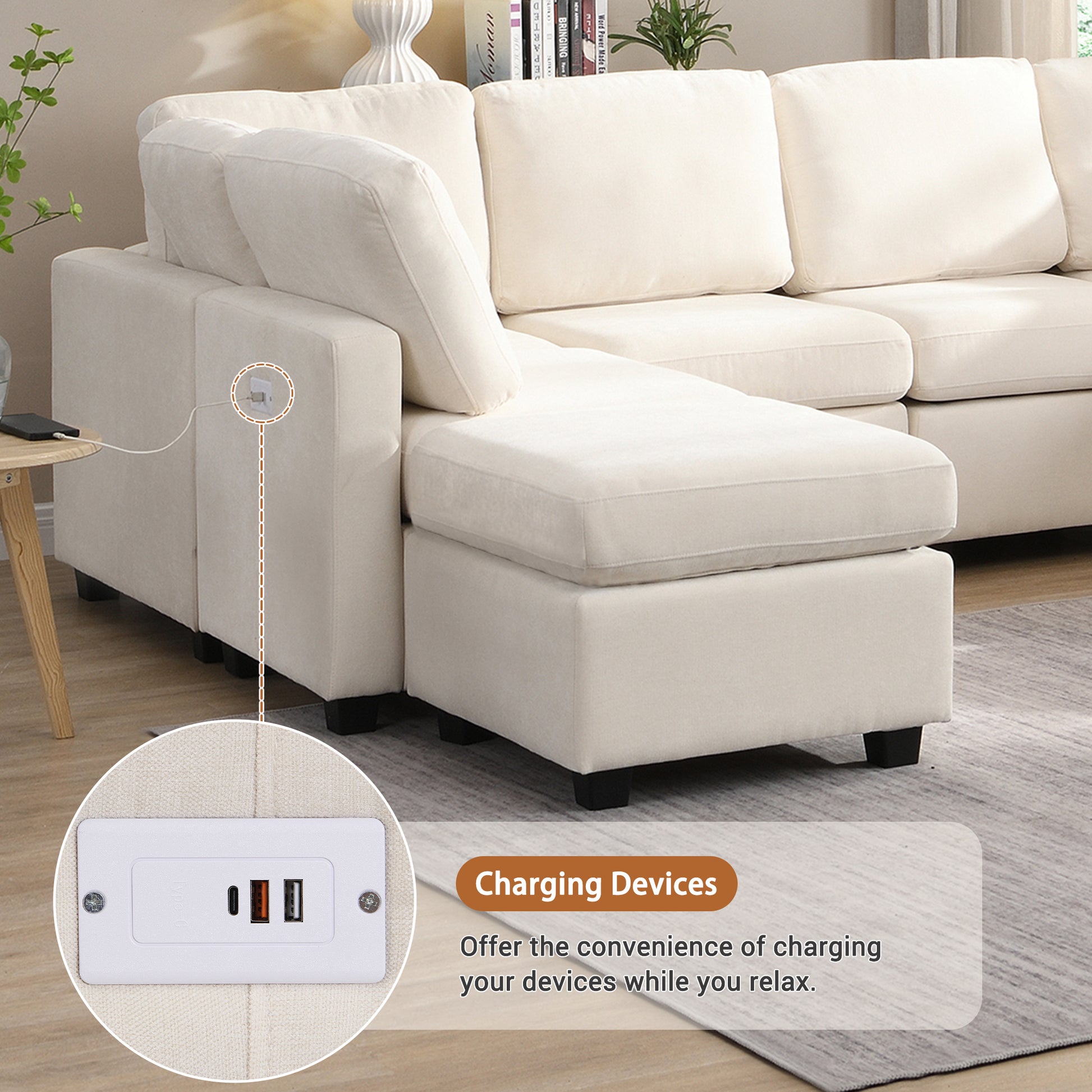 Cream fabric sectional sofa with integrated USB charging port on the armrest