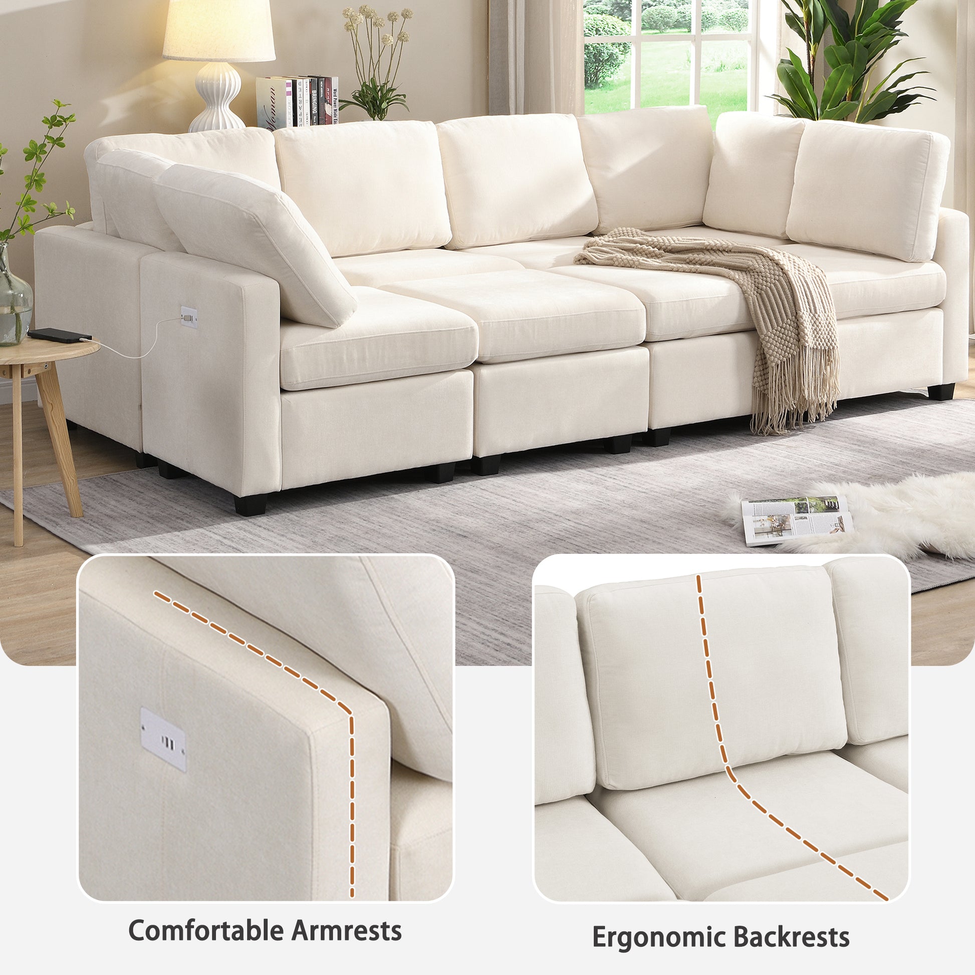 Cream sectional sofa with integrated USB charger on armrest perfect for modern living rooms