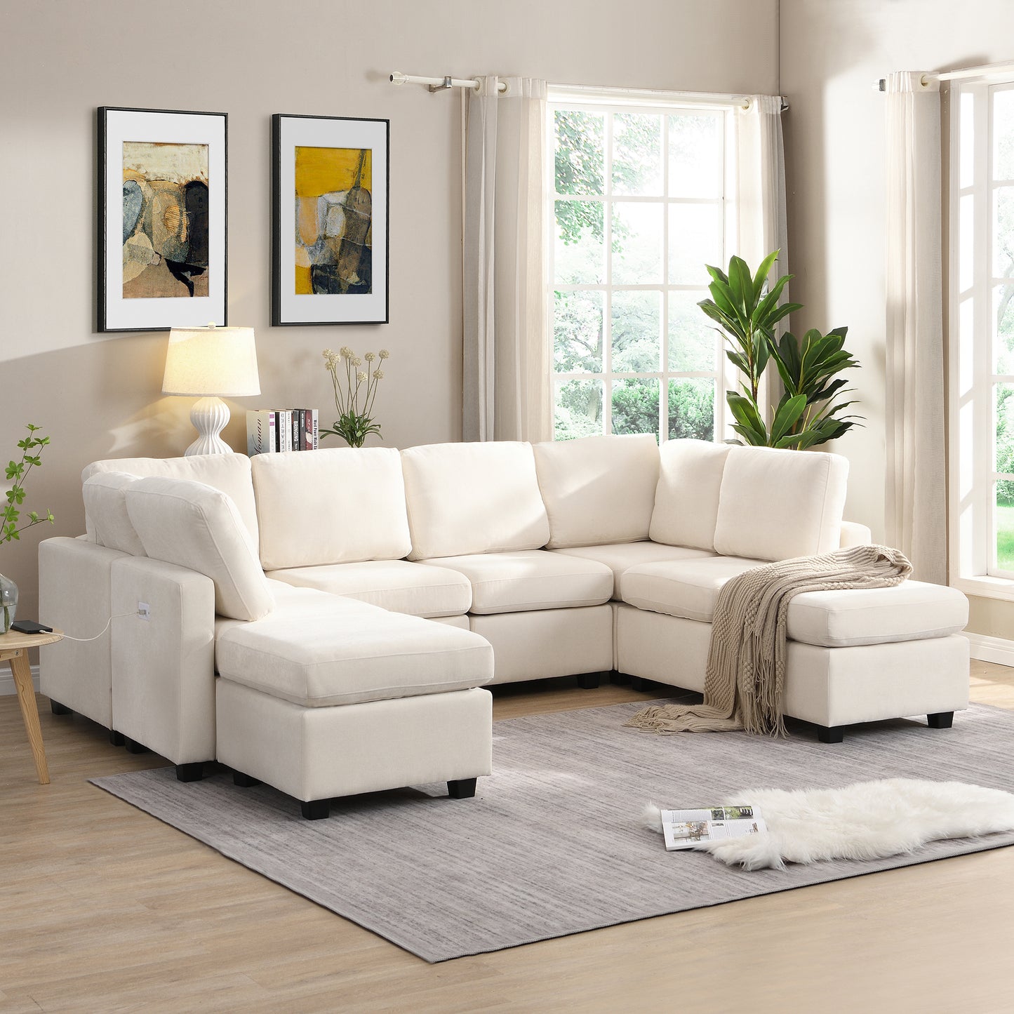 Cream fabric sectional sofa with chaise lounge perfect for modern living rooms