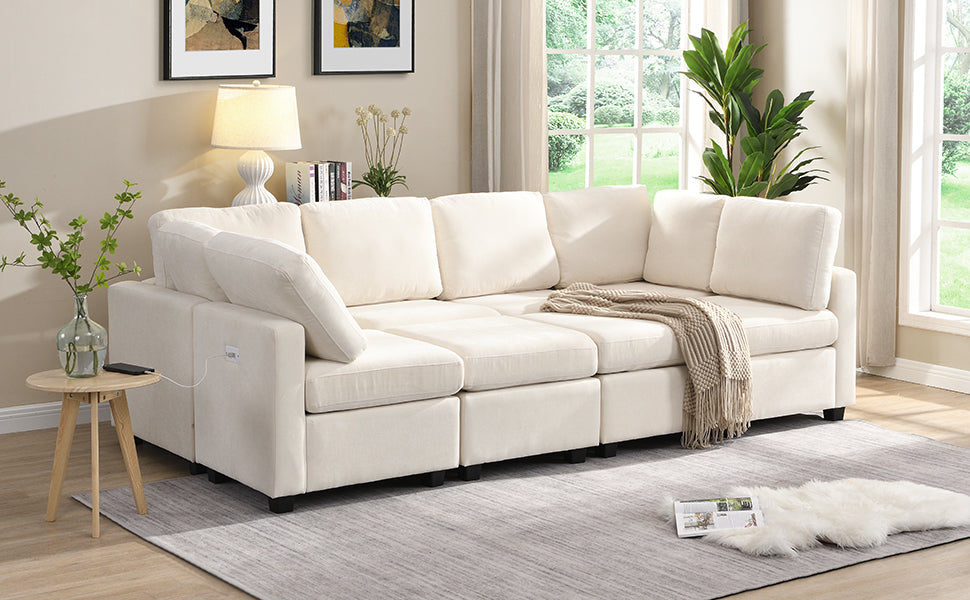 Cream sectional sofa with plush cushions and integrated USB charging port