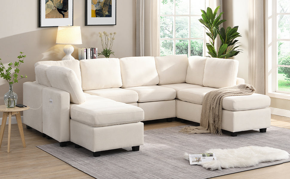 Cream sectional sofa with plush cushions and integrated charging port for modern living rooms
