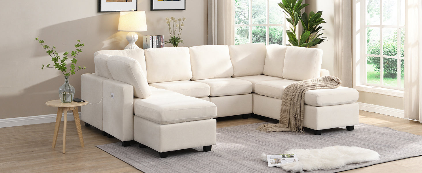 Cream sectional sofa with chaise lounge and integrated USB ports for charging
