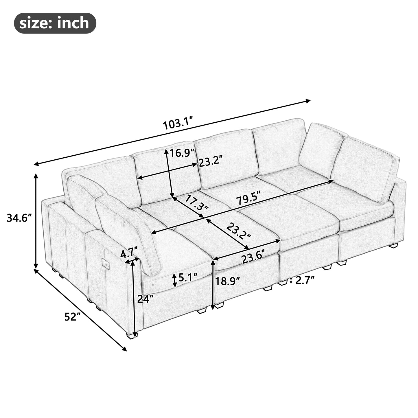 Sketch of a sectional sofa with detailed dimensions including  length and  height