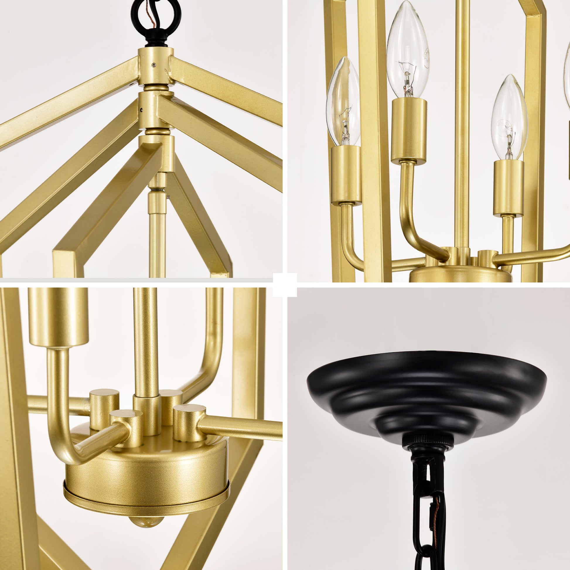 Closeup of a brass geometric chandelier frame with clear candle bulbs