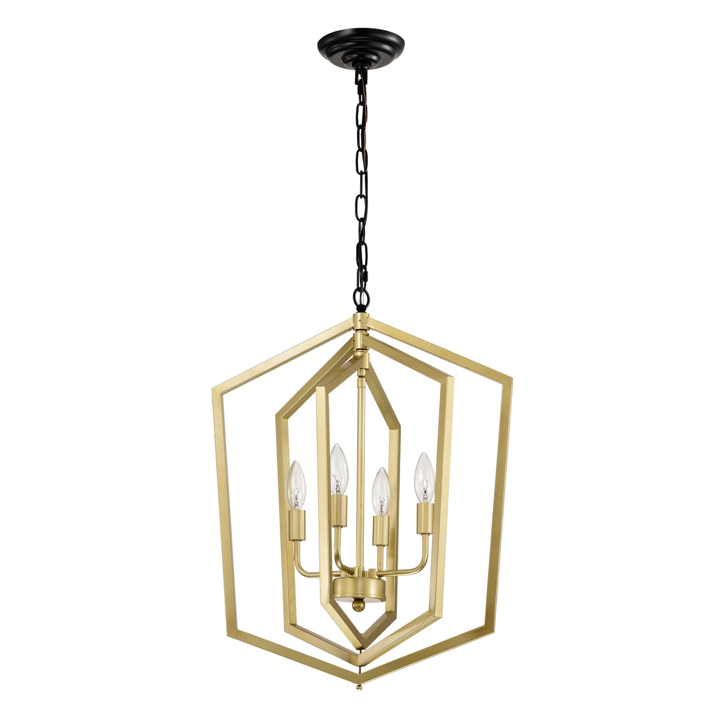 Modern brass geometric chandelier with four candelabra bulbs ideal for dining rooms