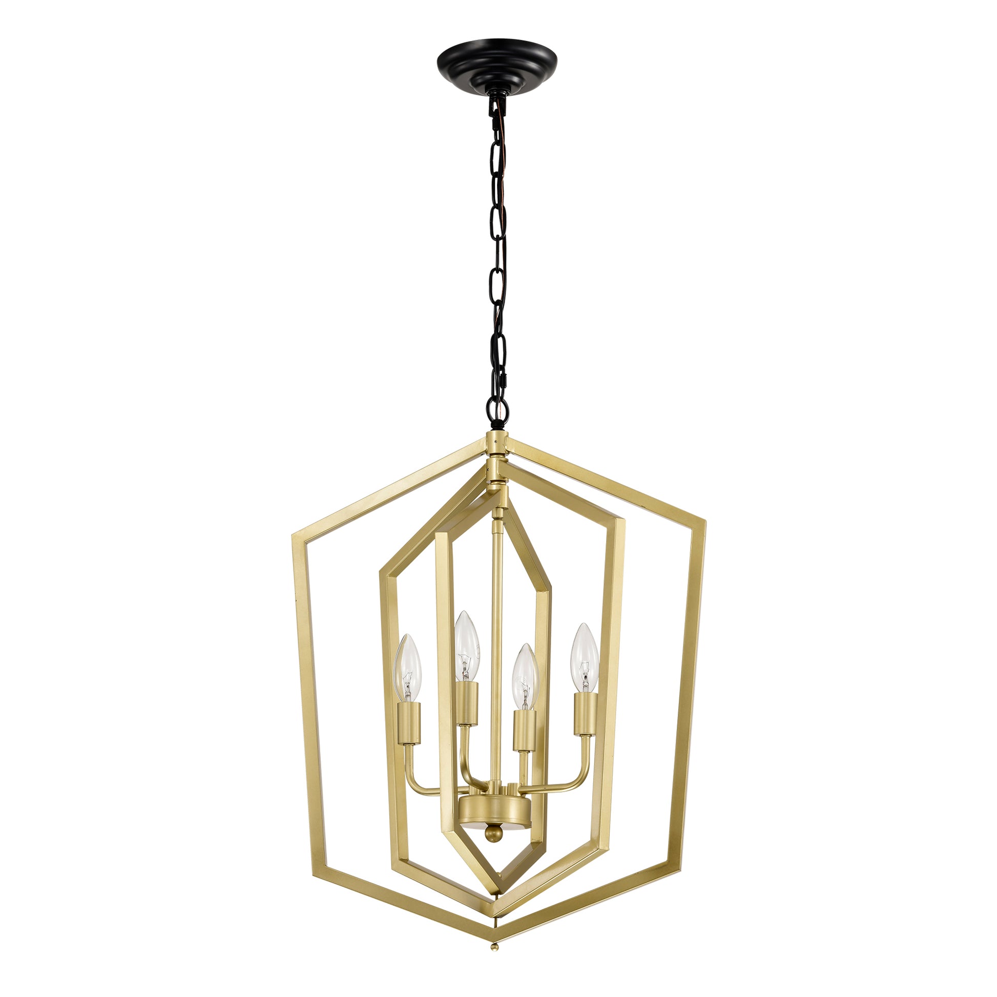 Modern brass geometric chandelier with four candelabra bulbs ideal for dining rooms