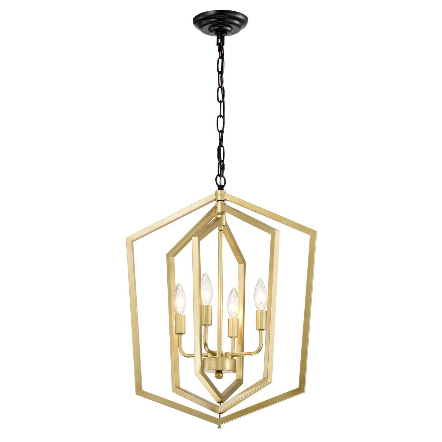 Geometric gold chandelier with four candelabra bulbs modern farmhouse style pendant light
