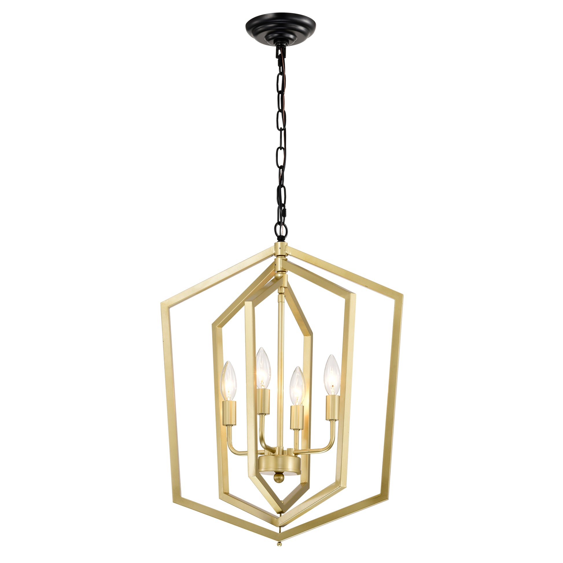Geometric gold chandelier with four candelabra bulbs modern farmhouse style pendant light