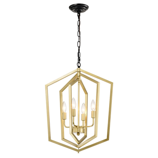Geometric gold chandelier with four candelabra bulbs modern farmhouse style pendant light