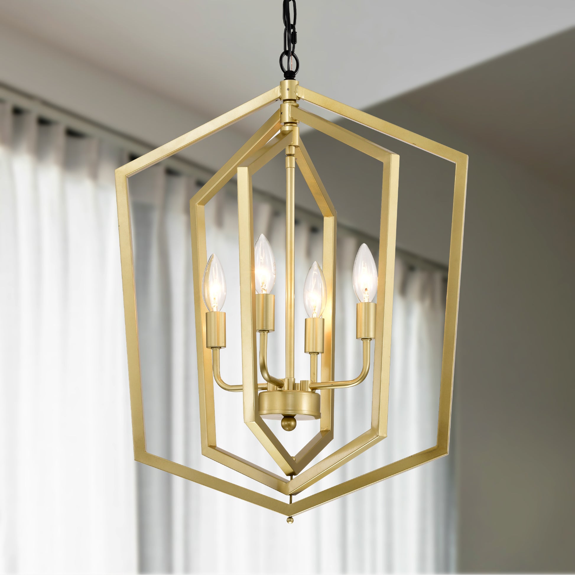 Modern gold geometric chandelier with four candelabra bulbs
