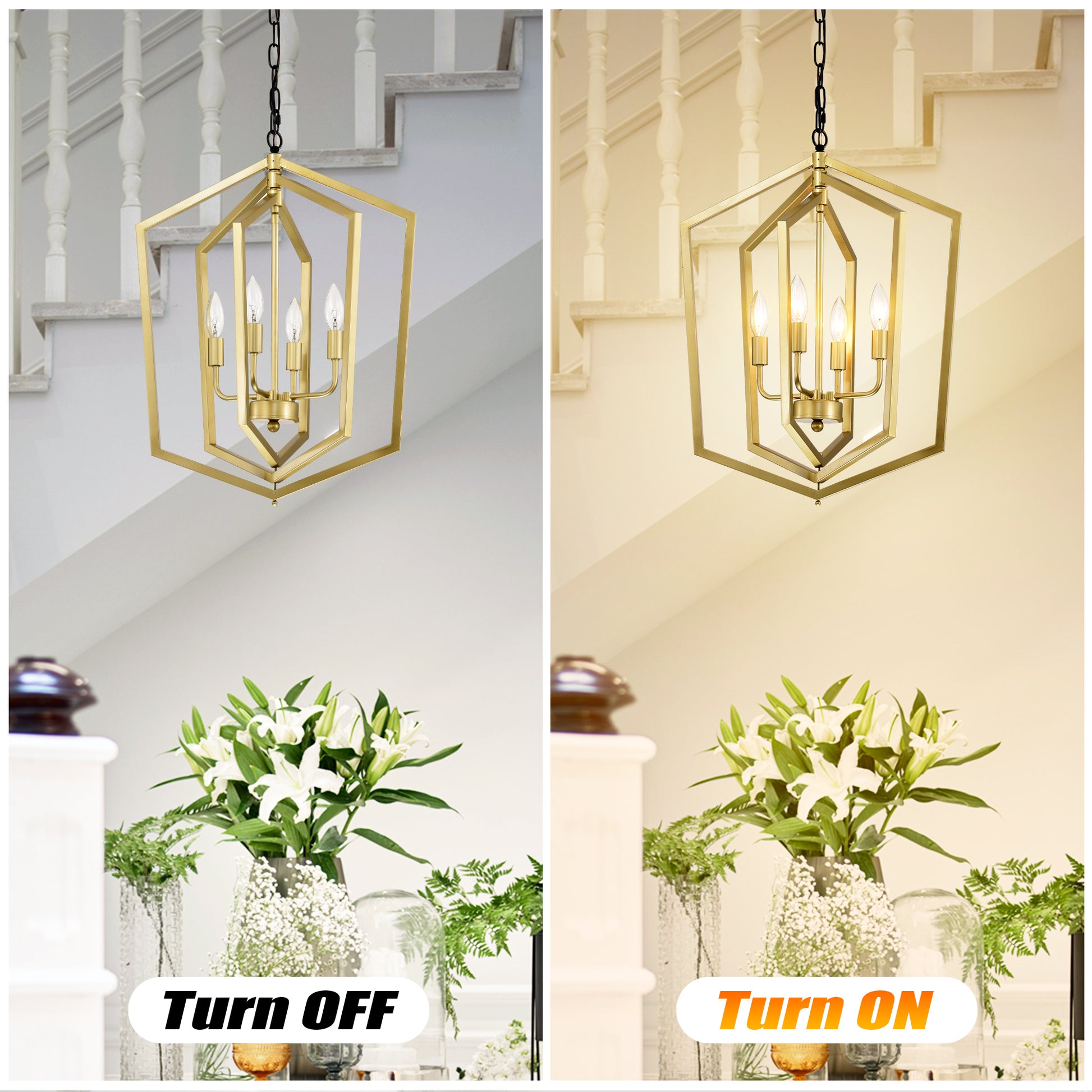 Brushed gold geometric chandelier with four candlestyle bulbs for entryway lighting