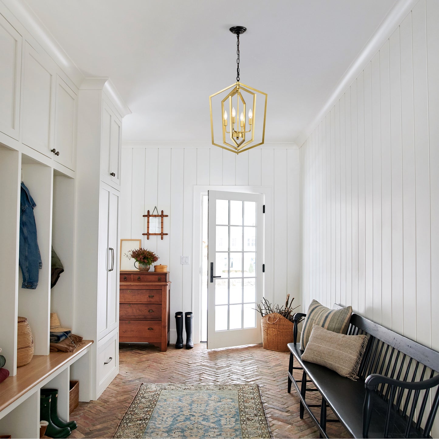 Geometric brass foyer chandelier with four lights and modern hexagon design