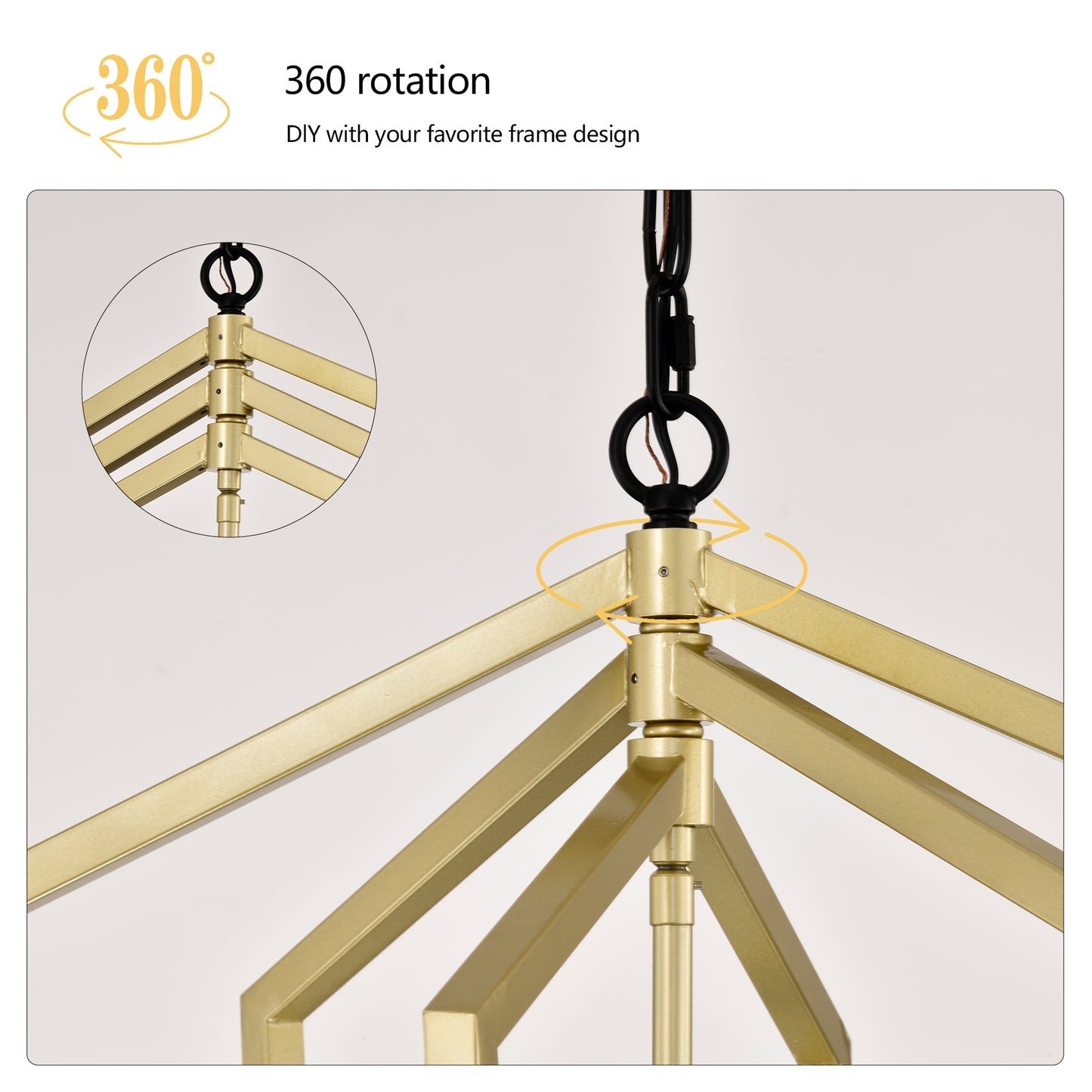 Gold geometric chandelier frame with  rotation capability for versatile design