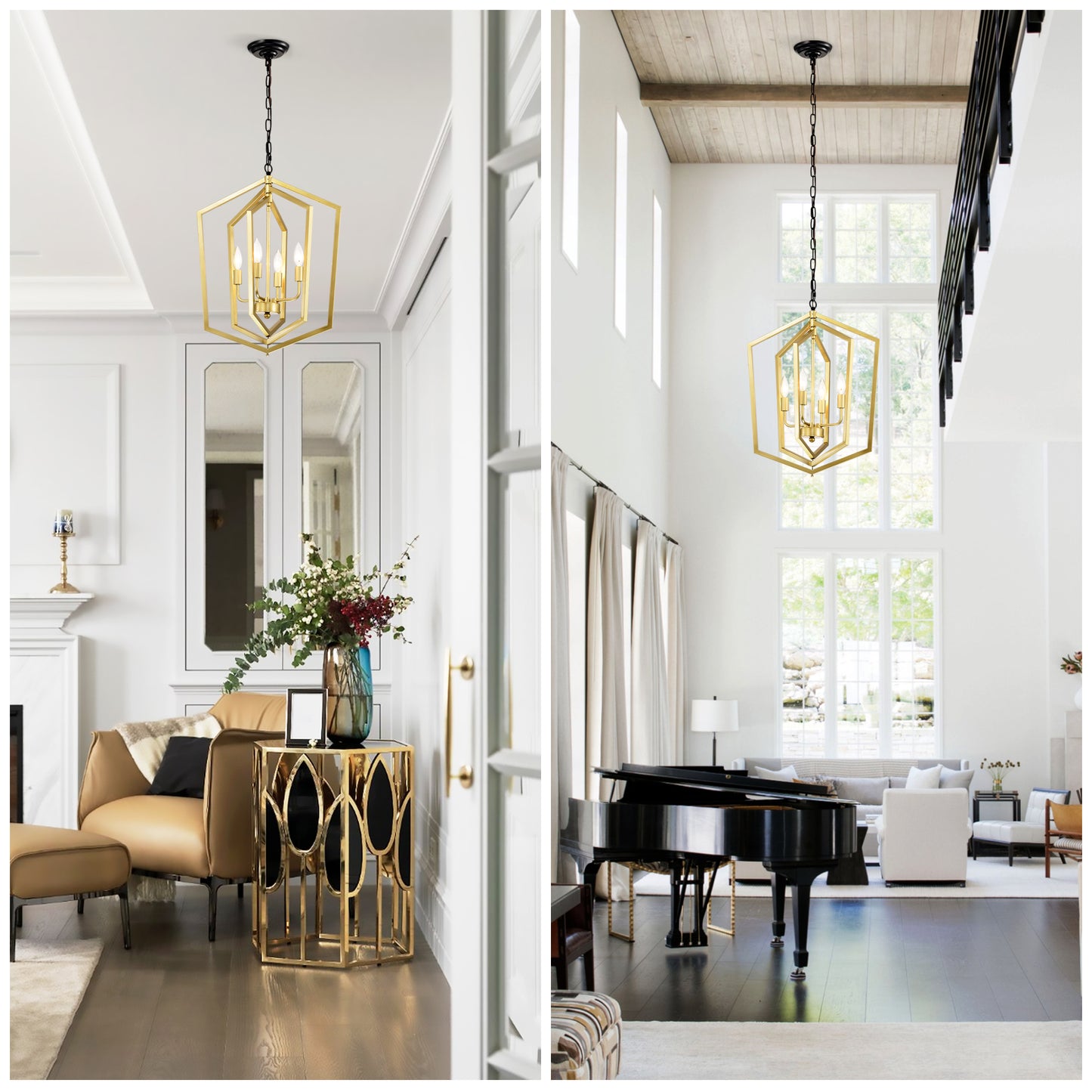 Modern gold geometric lantern chandelier with four bulbs