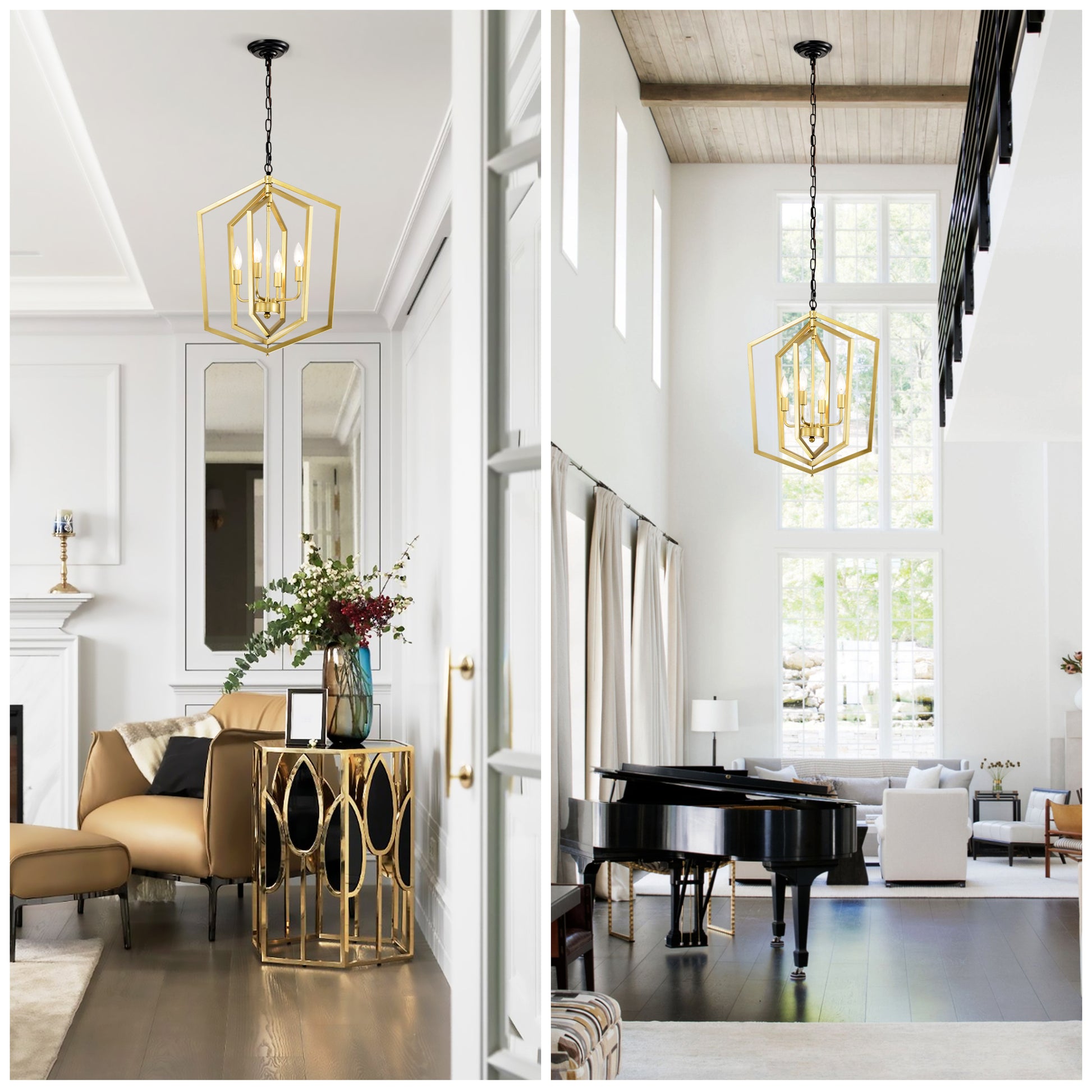 Modern gold geometric lantern chandelier with four bulbs