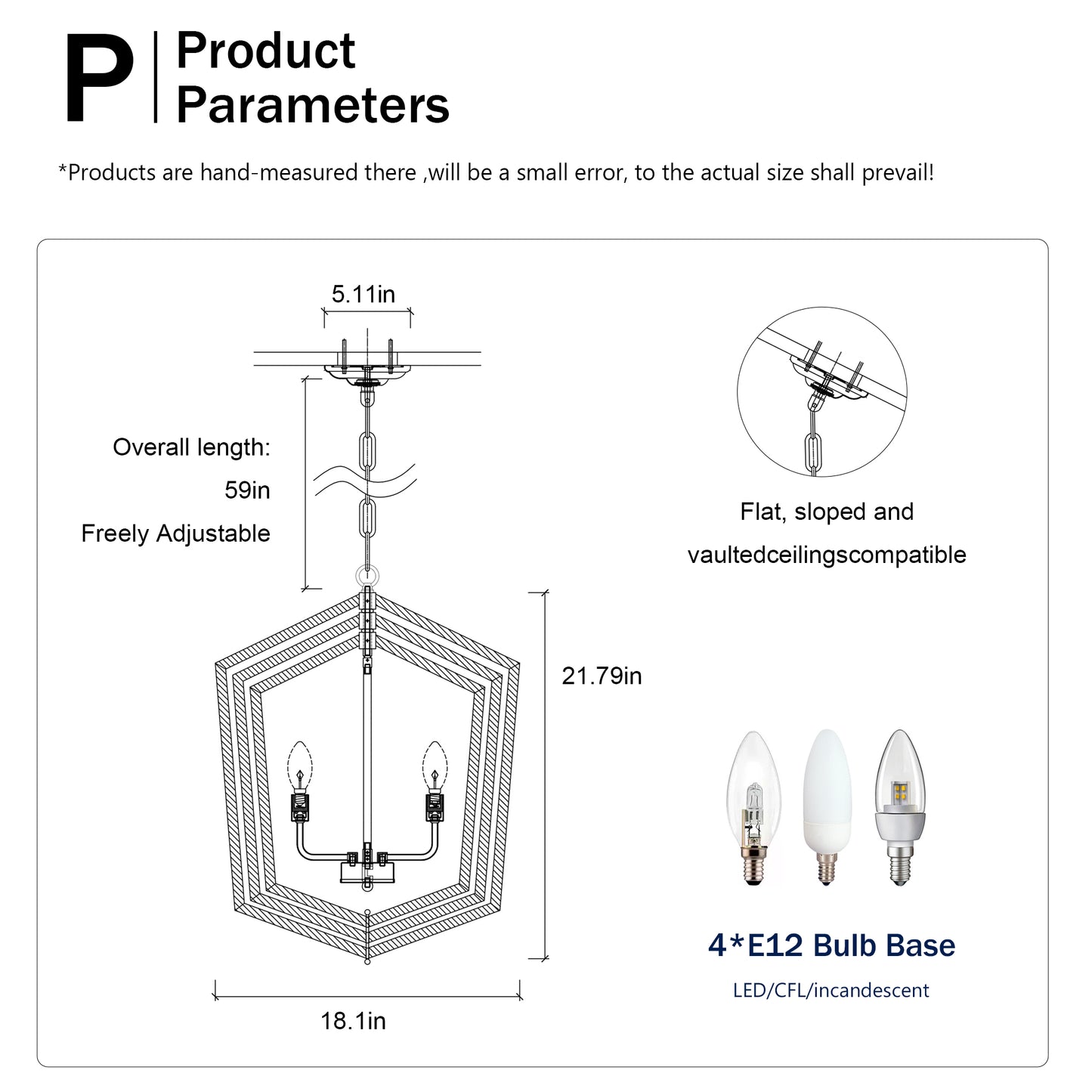 Pendant light diagram showing overall length in freely adjustable in wide