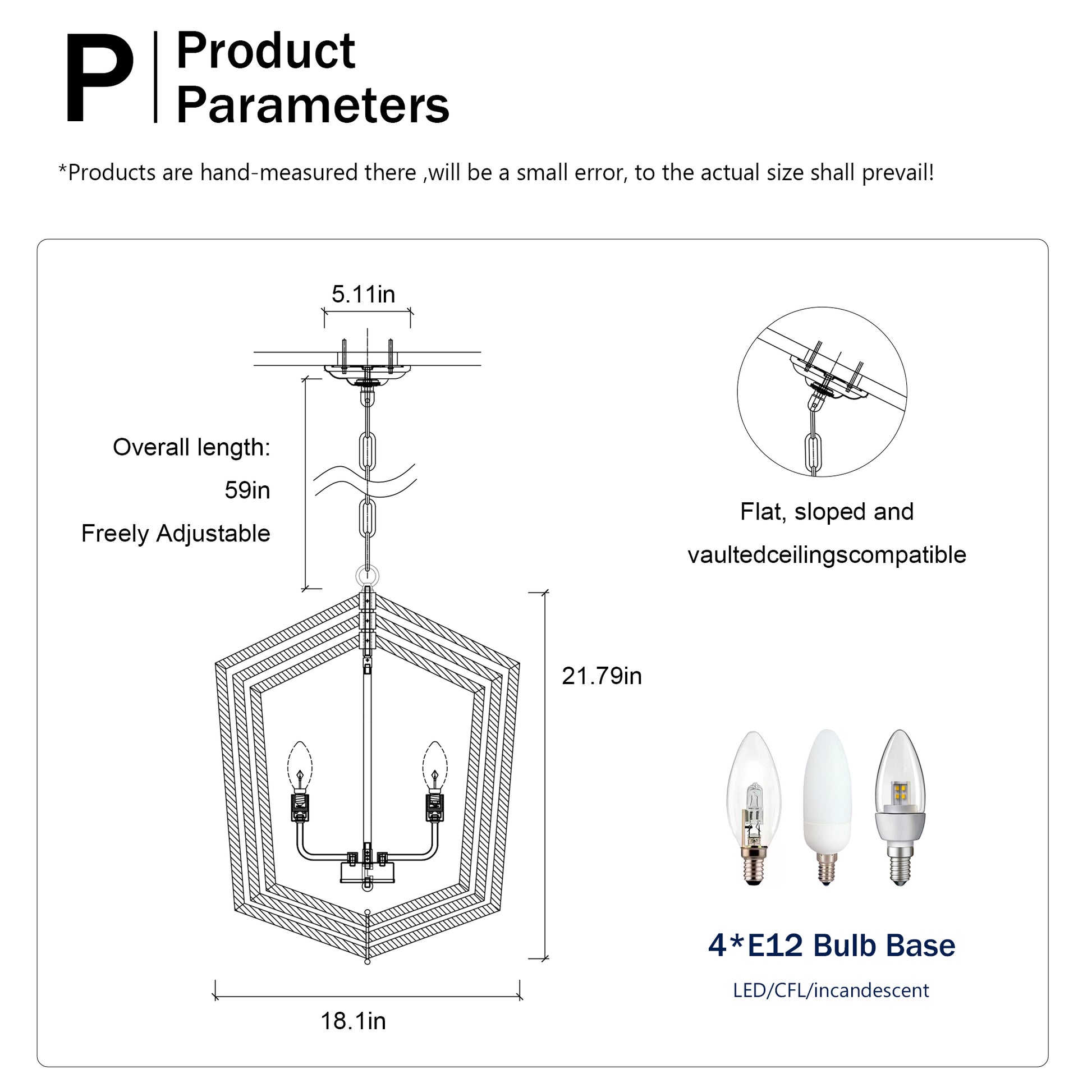 Pendant light diagram showing overall length in freely adjustable in wide
