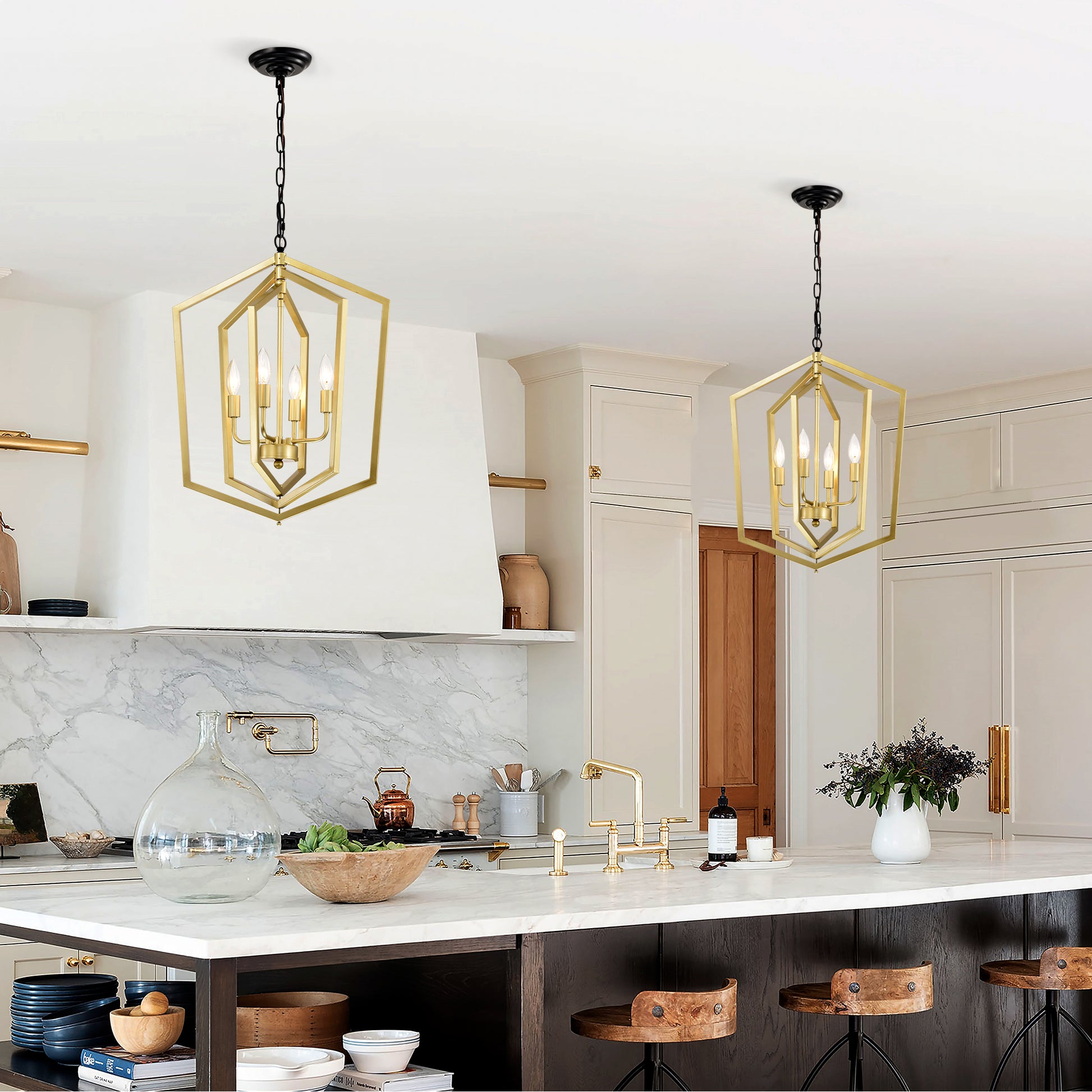Modern gold geometric pendant light fixture with four bulbs