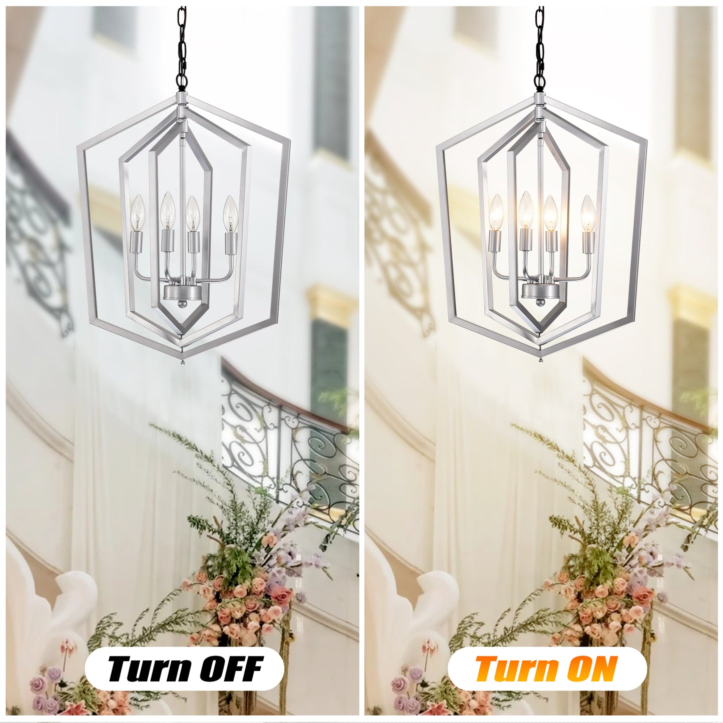 Silver geometric pendant light with four candlestyle bulbs modern farmhouse chandelier