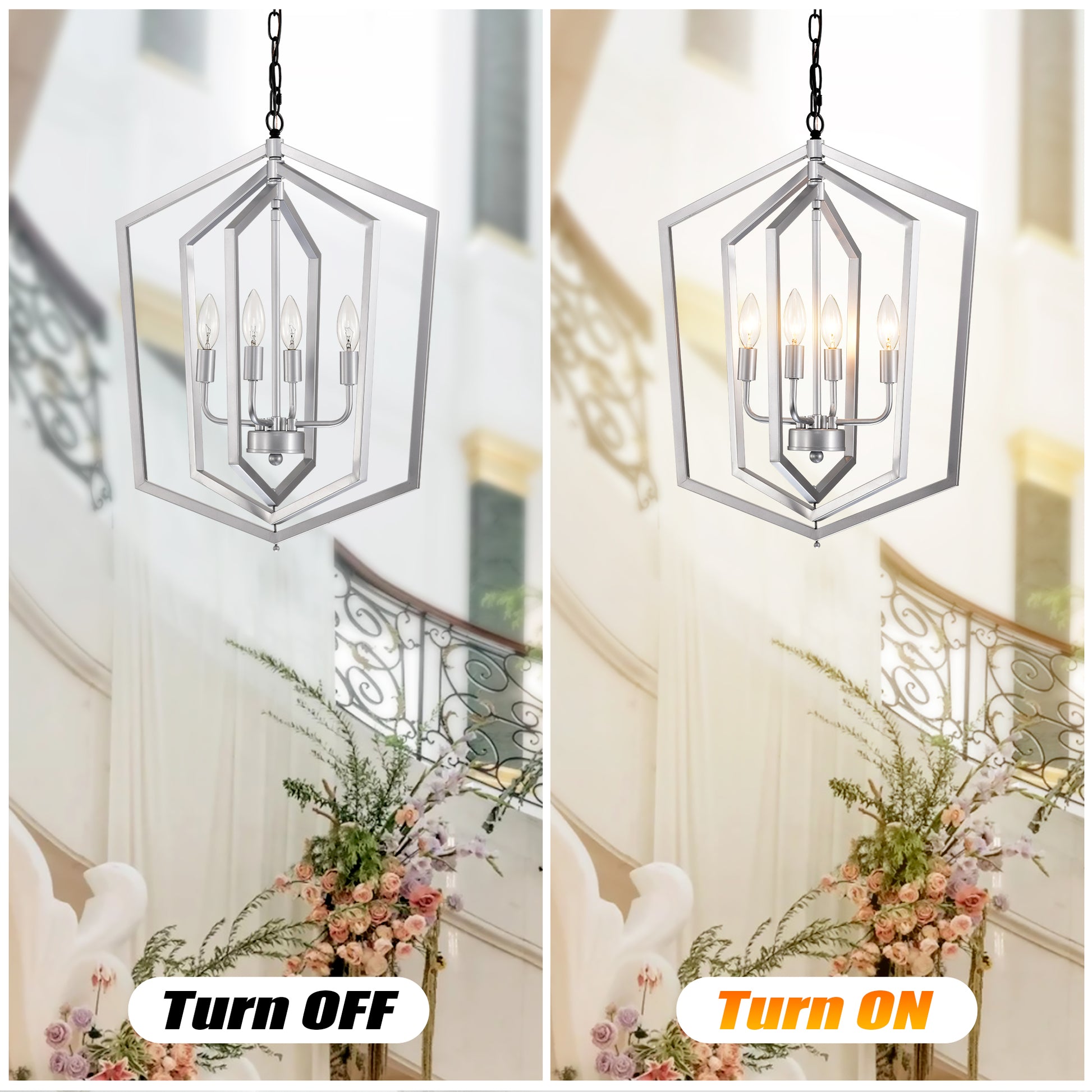 Silver geometric pendant light with four candlestyle bulbs modern farmhouse chandelier