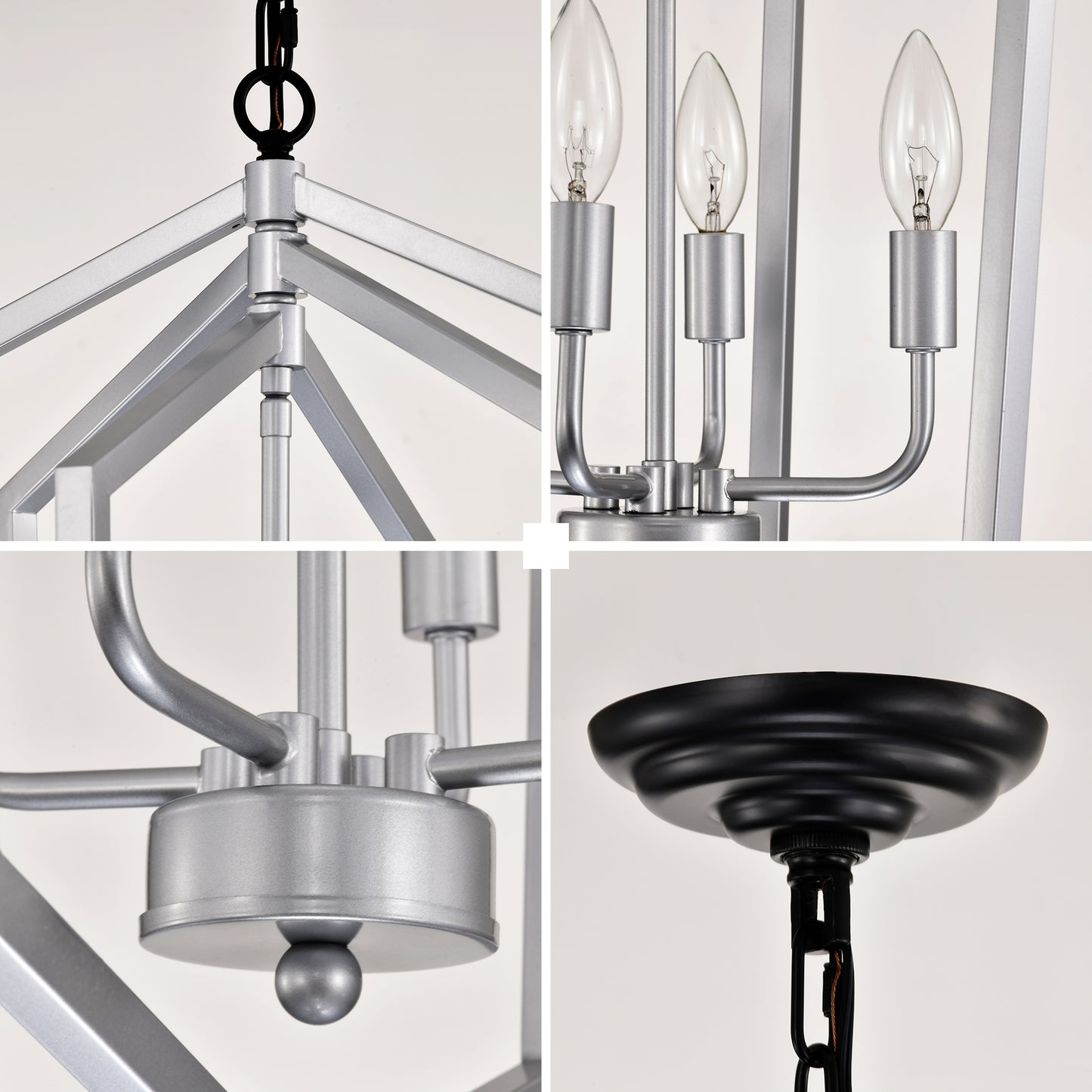 Silver modern geometric chandelier with clear candelabra bulbs