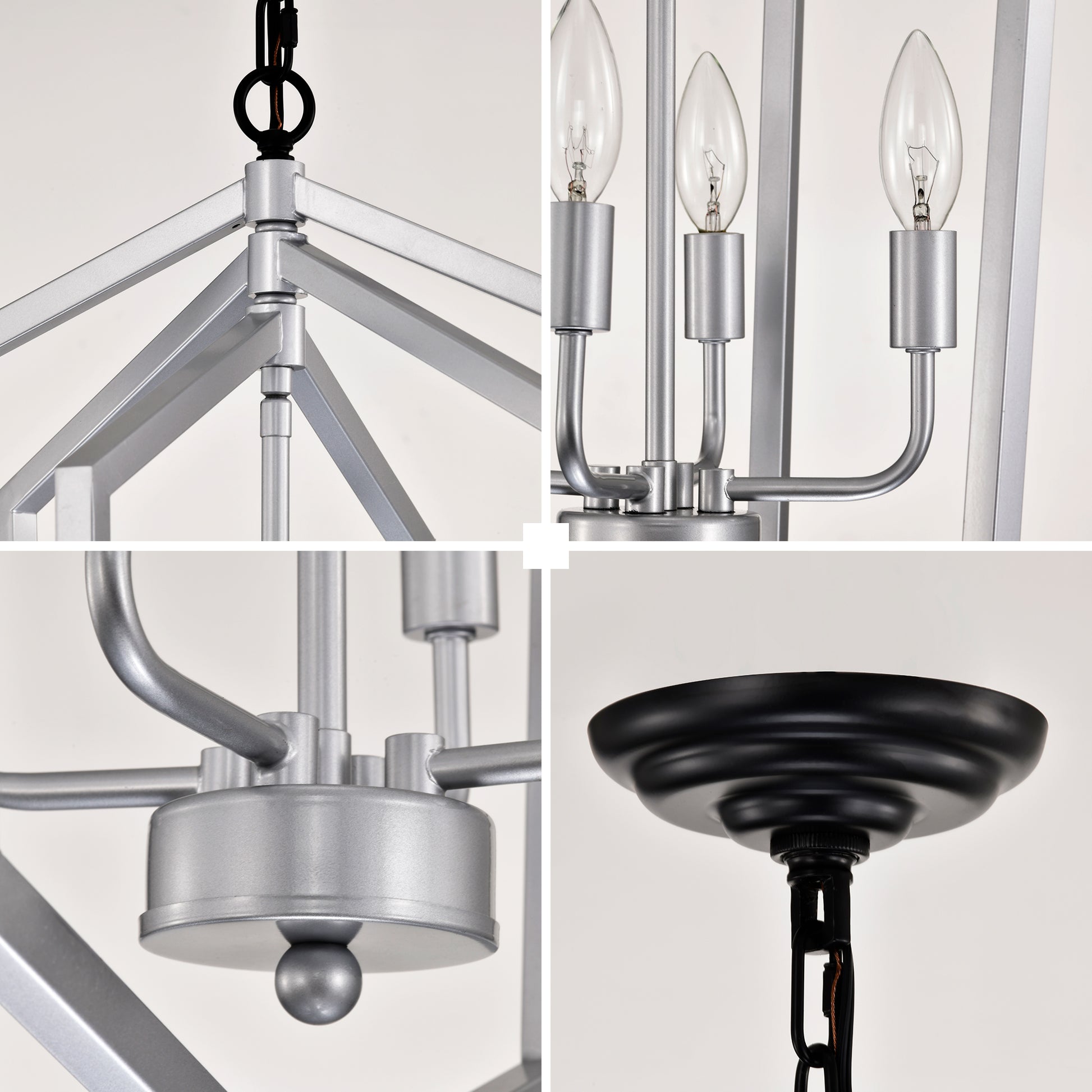 Silver modern geometric chandelier with clear candelabra bulbs