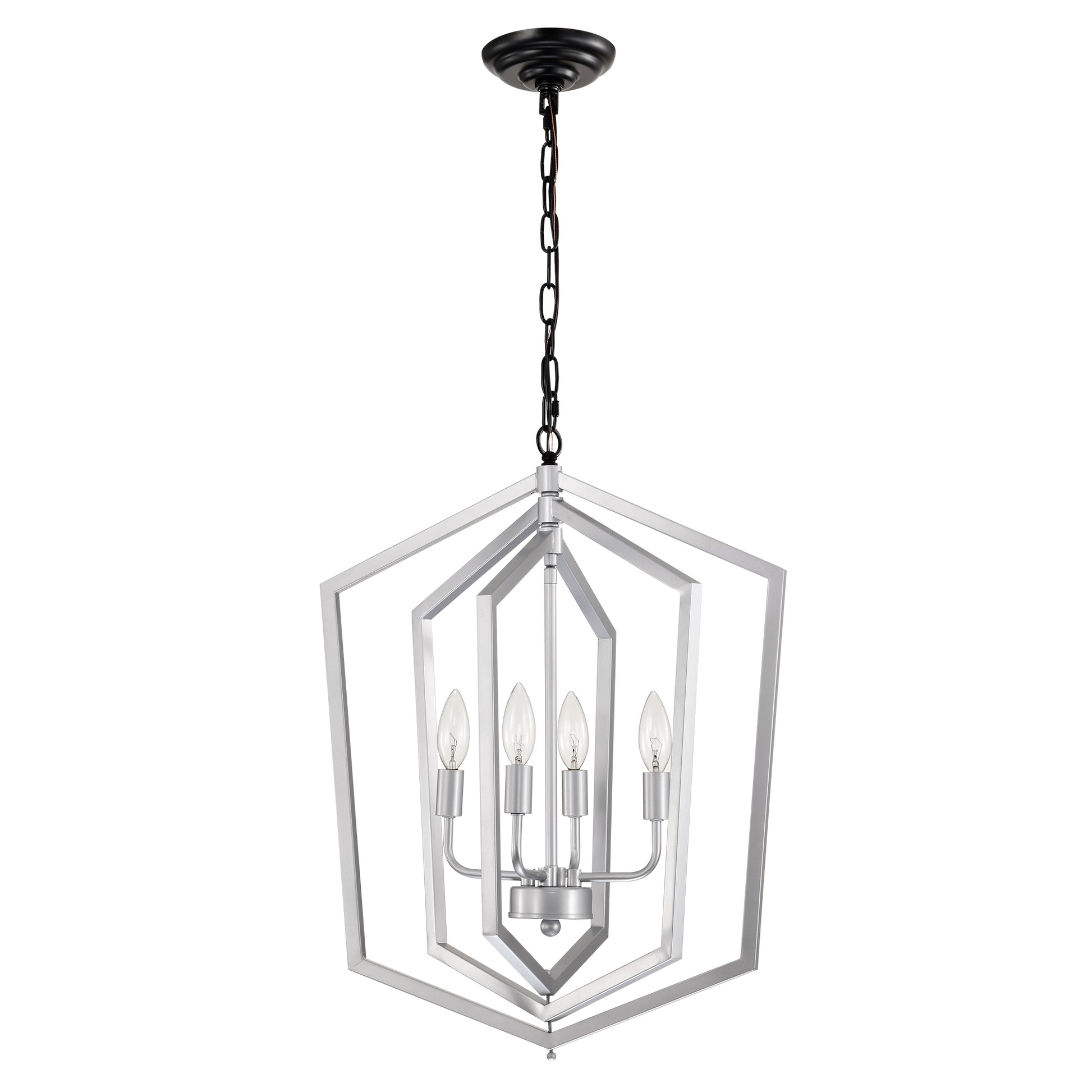 Modern geometric silver chandelier with  candelabra bulbs ideal for dining rooms