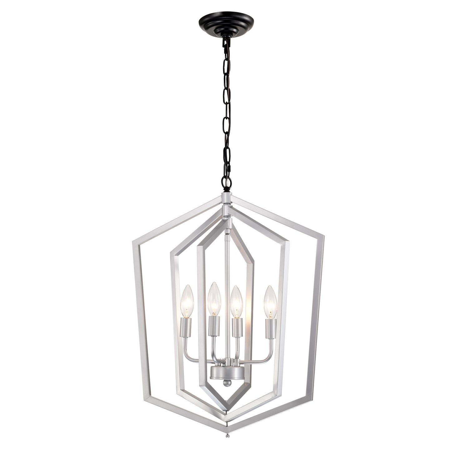 Modern geometric brushed nickel pendant light with four clear bulbs ideal for dining rooms