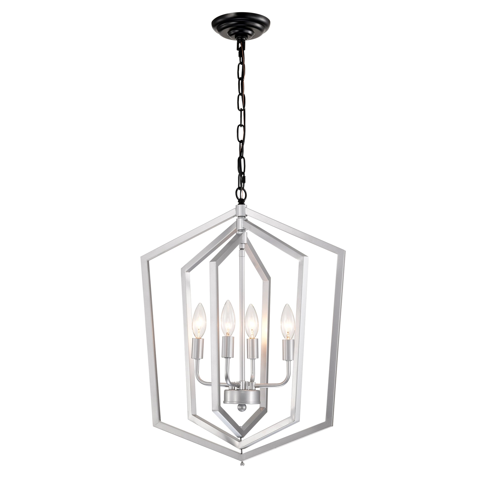 Modern geometric brushed nickel pendant light with four clear bulbs ideal for dining rooms