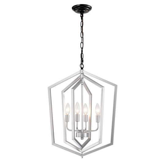 Modern geometric brushed nickel pendant light with four clear bulbs ideal for dining rooms