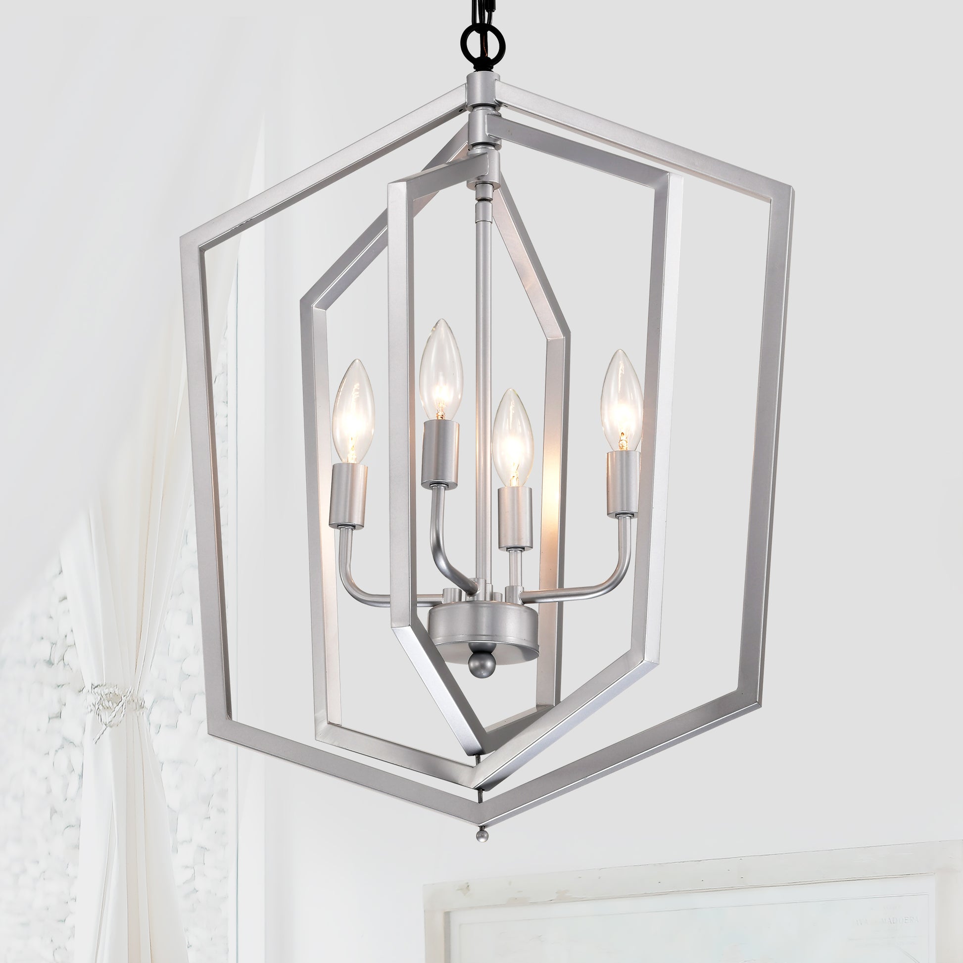 Modern brushed nickel geometric chandelier with four candlestyle bulbs