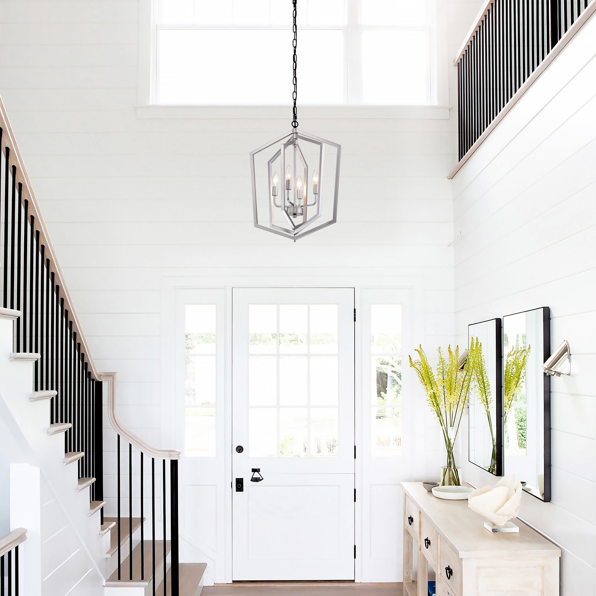 Sleek silver geometric pendant light with four bulbs ideal for entryway lighting