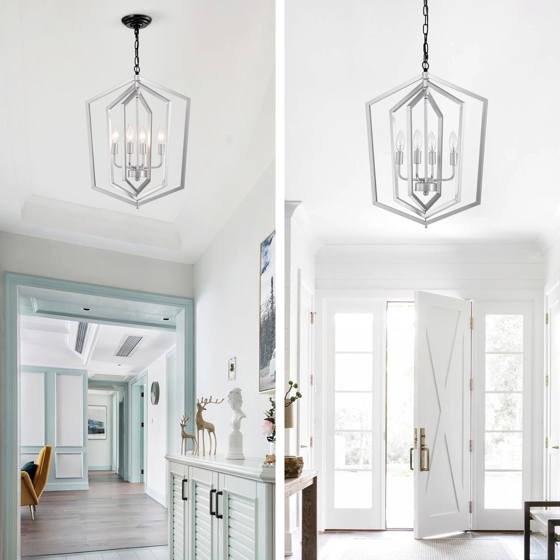 Modern geometric silver light foyer chandelier with clear bulbs