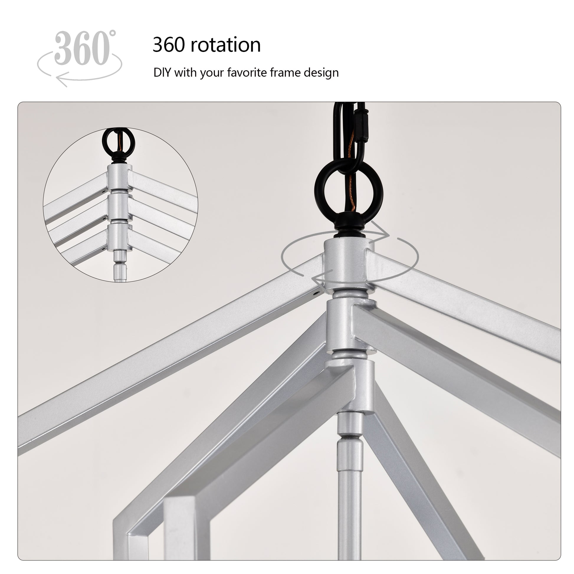 Silver geometric chandelier frame with adjustable suspension hardware