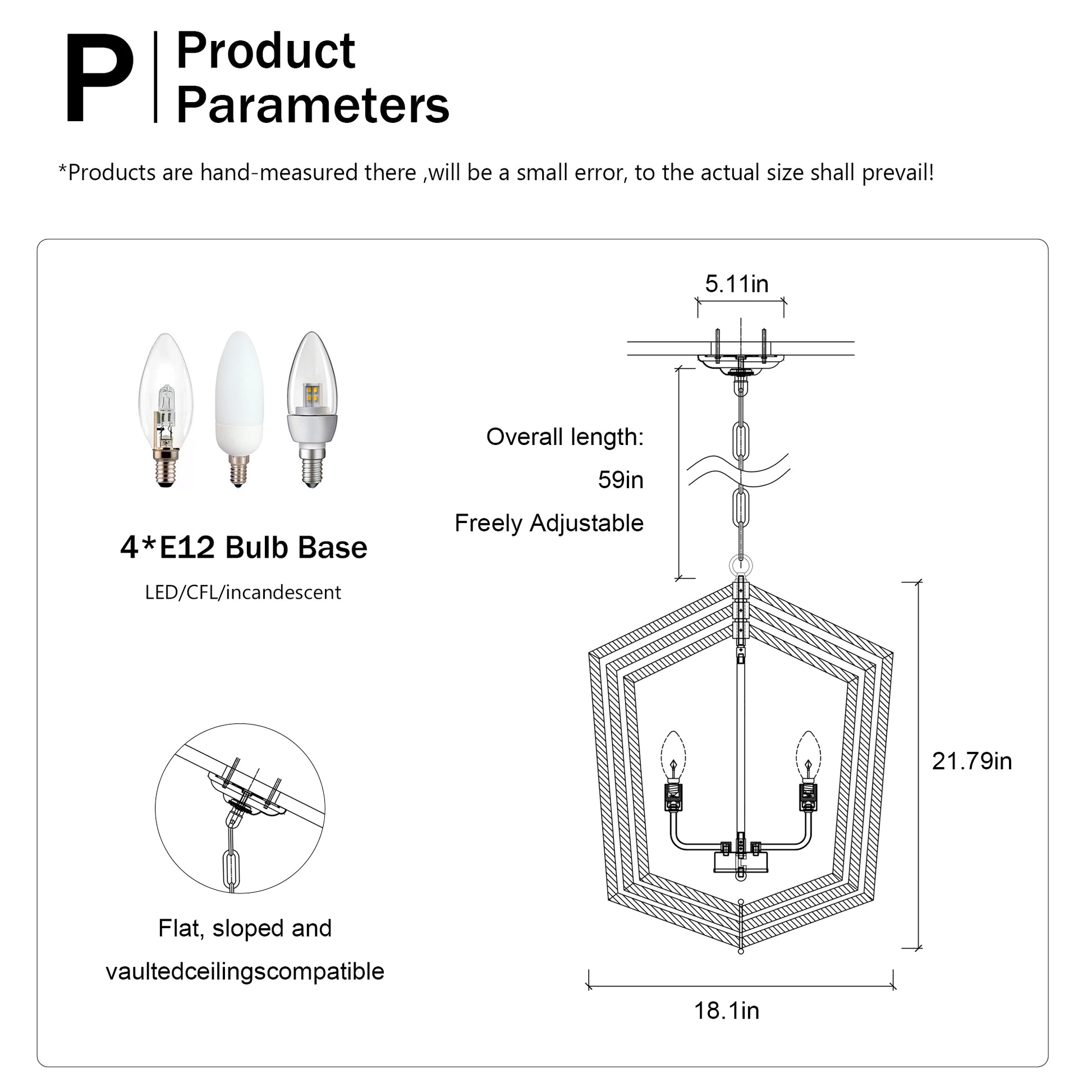 Diagram of pendant light with  E bulb bases in adjustable length and in width
