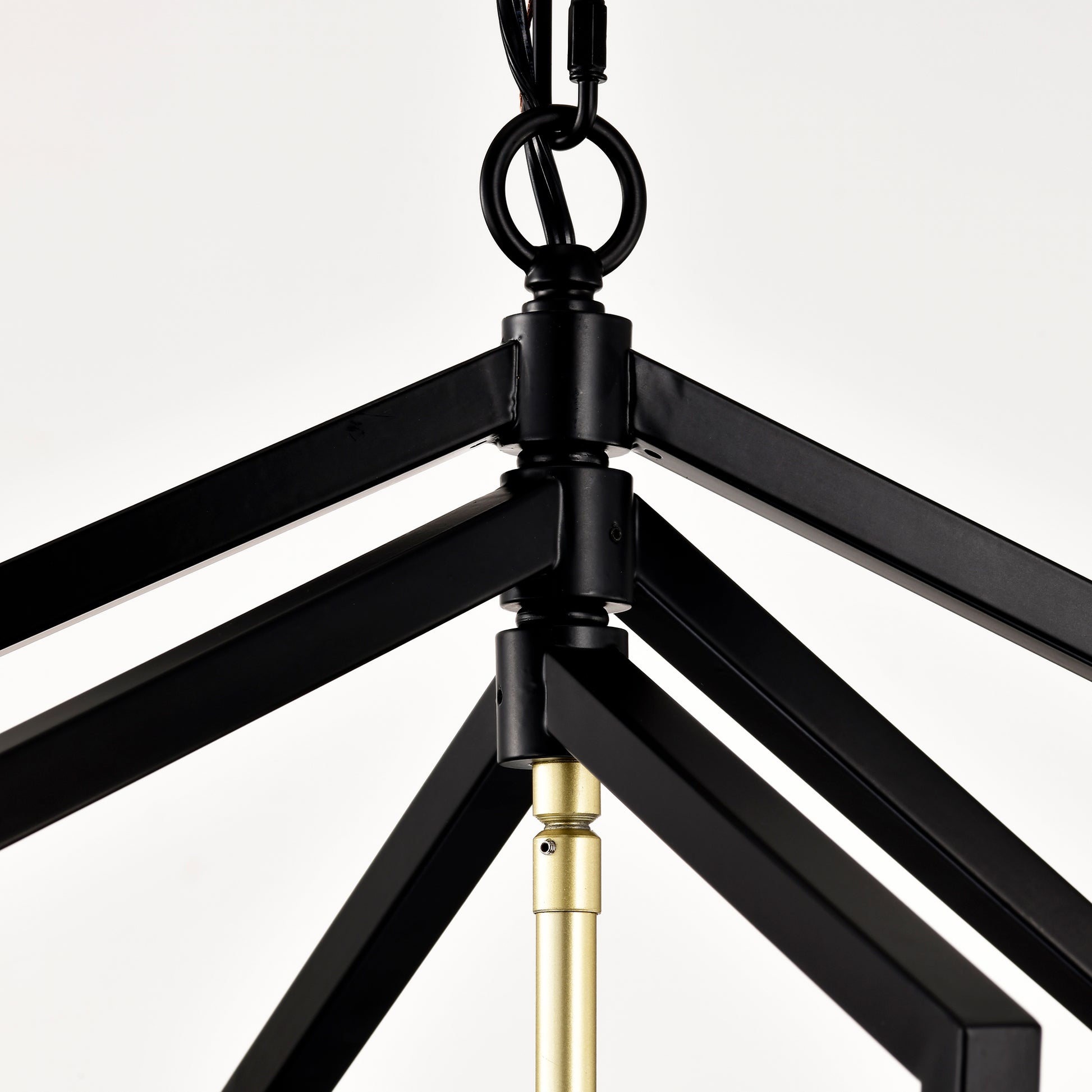 Black metal geometric chandelier frame with brass accents and chain